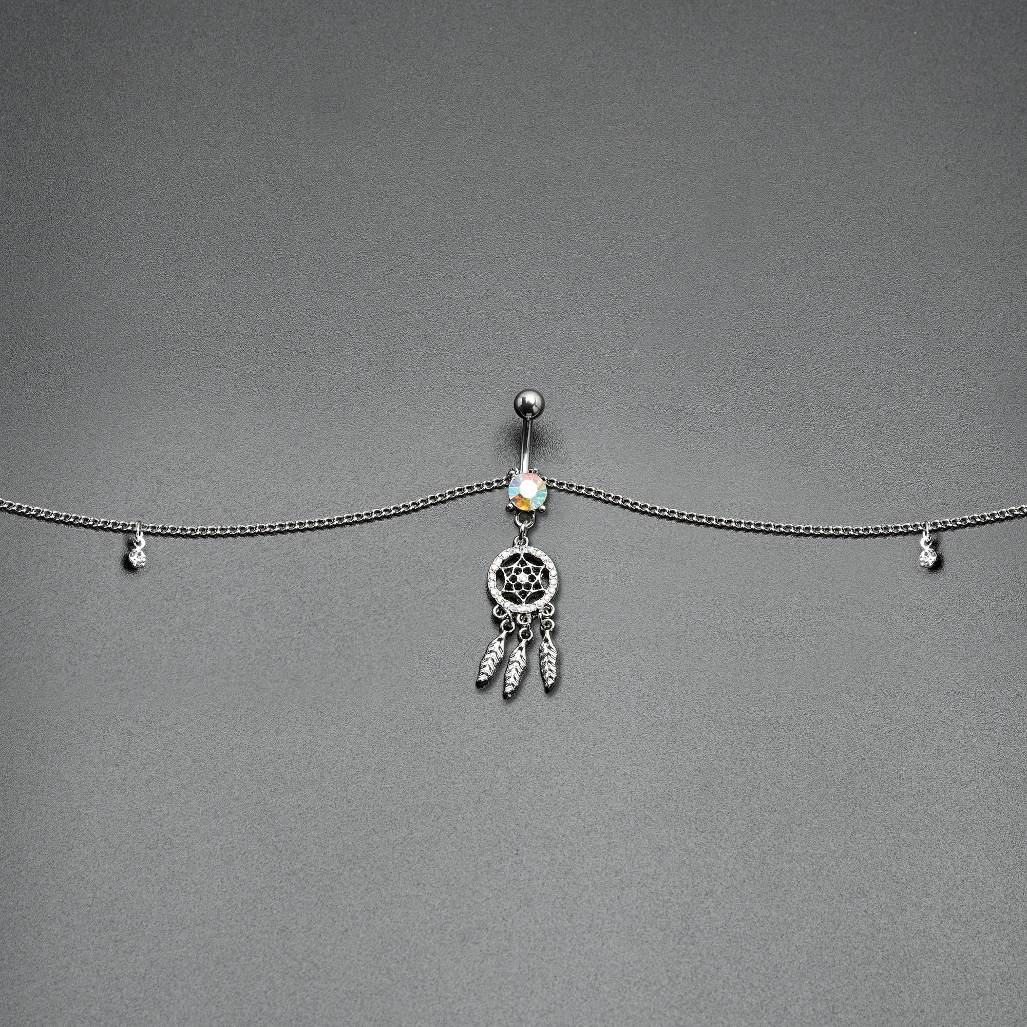 Clear Aurora Gem Southwest Dreamcatcher Dangle Belly Ring Belly Chain