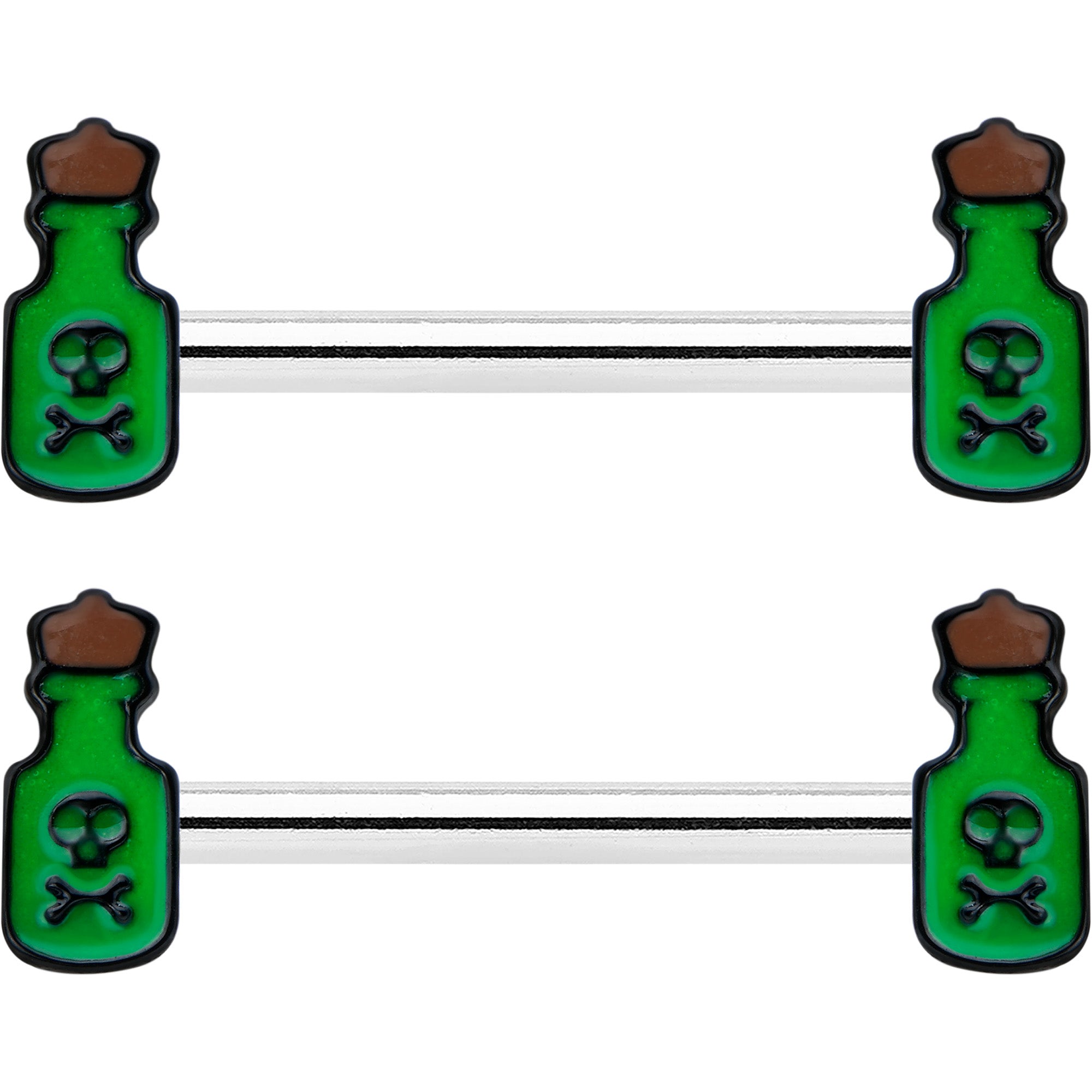 14G 9/16 Poison Green Bottle Glow in Dark Barbell Nipple Ring Set