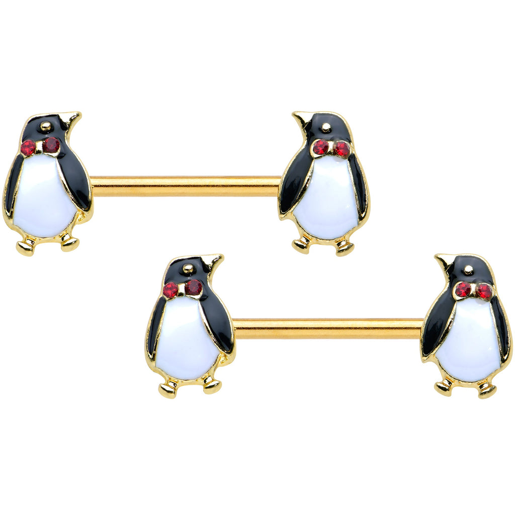 14G 9/16 Red Gem Gold Hue Bow Tie Penguin Barbell Nipple Ring Set