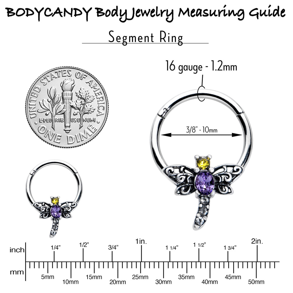 16G 3/8 Purple Yellow Gem Dragonfly Hinged Segment Ring