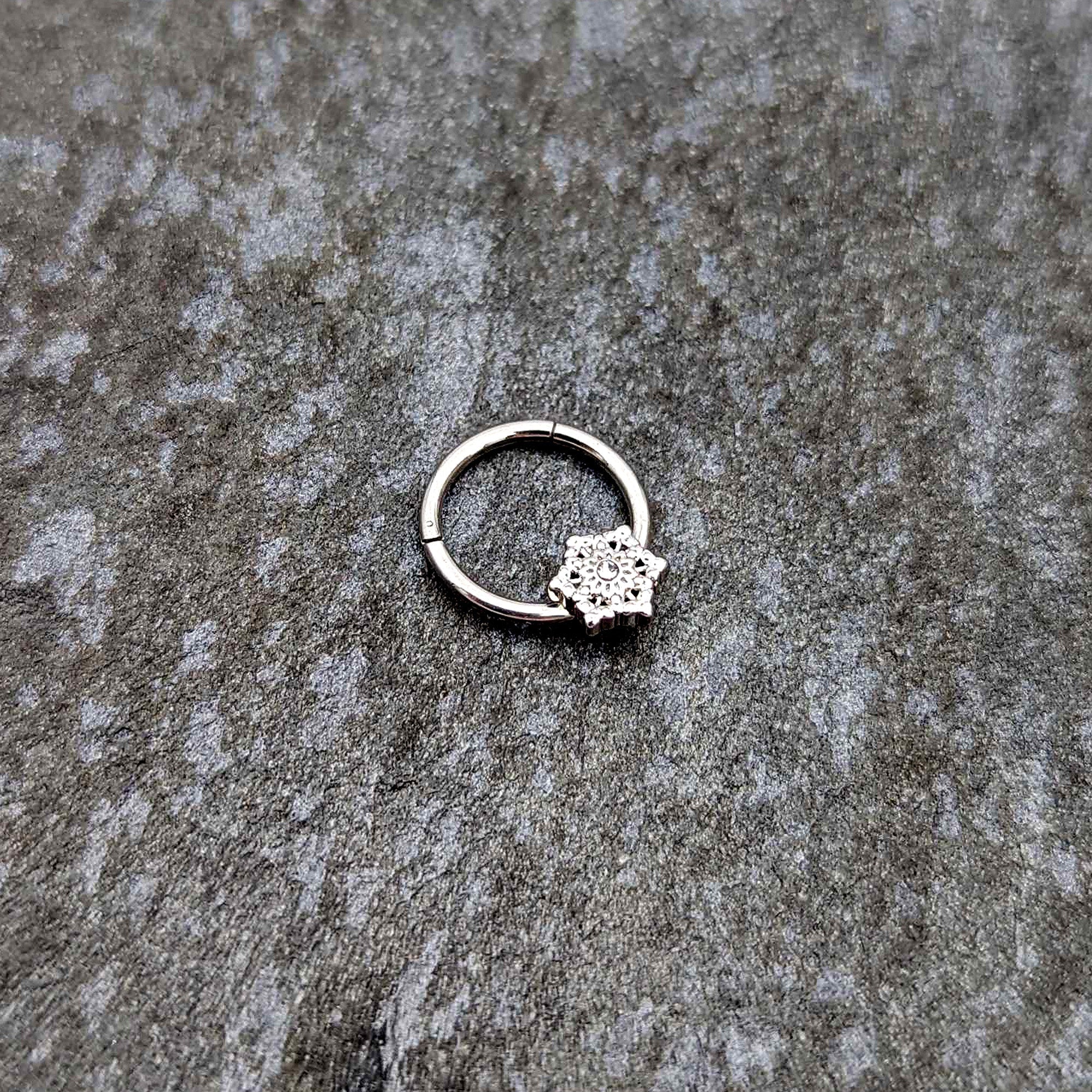 16G 3/8 Clear Gem Filigree Winter Snowflake Hinged Segment Ring