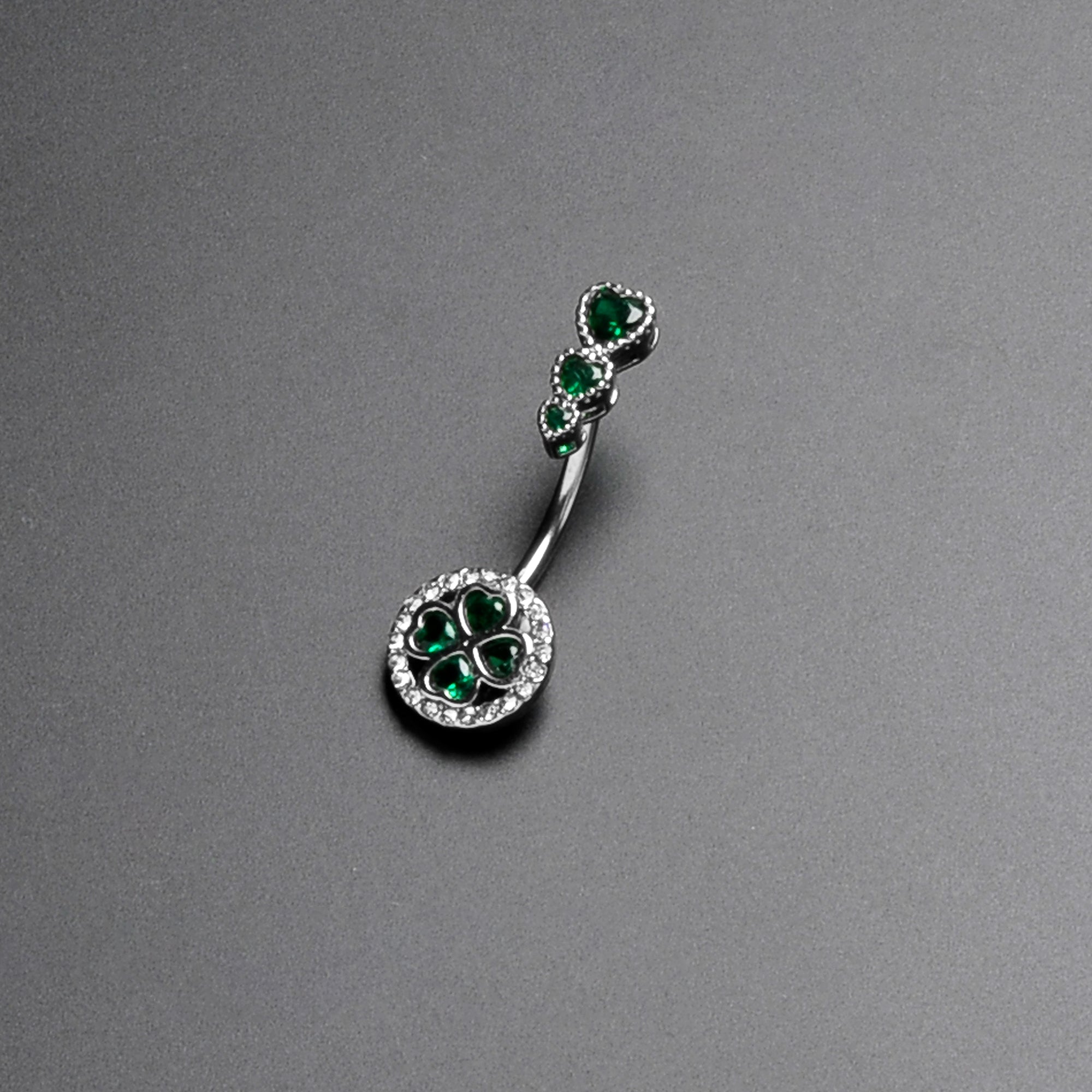 Green Clear Gem Triple Drop Heart Shamrock Double Mount Belly Ring