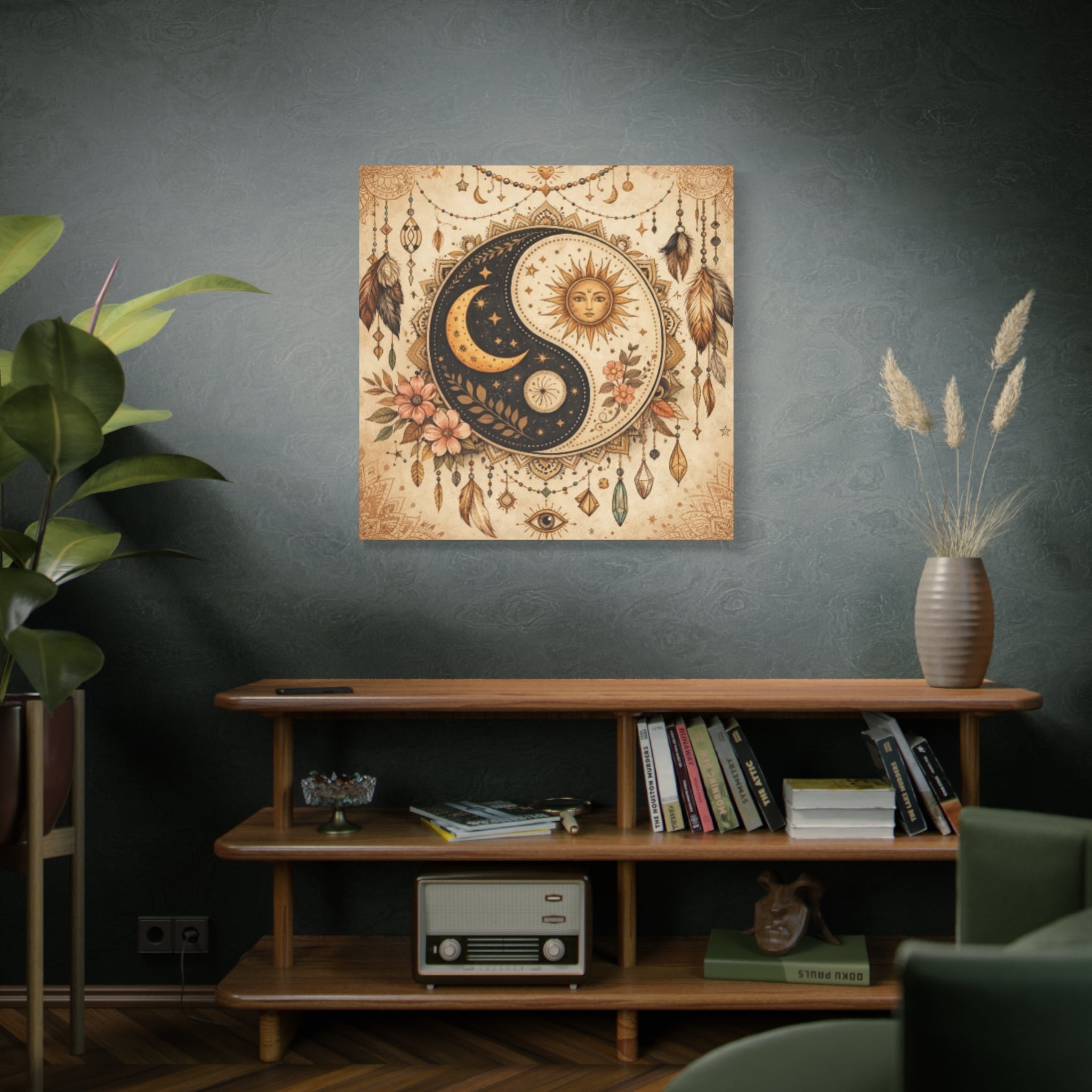 Sun & Moon Yin Yang Canvas Art — Boho Celestial Wall Decor, Matte Stretched 1.25"