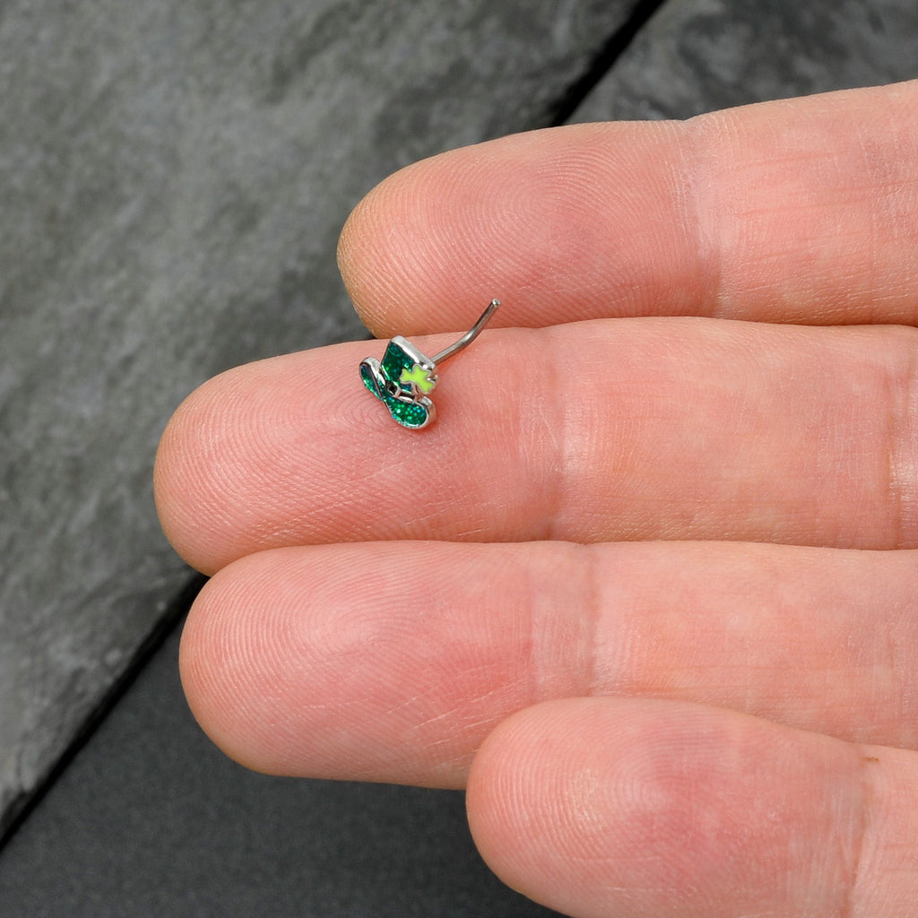20G 7mm Glitter Top Hat Shamrock St Patricks L Shape Nose Ring