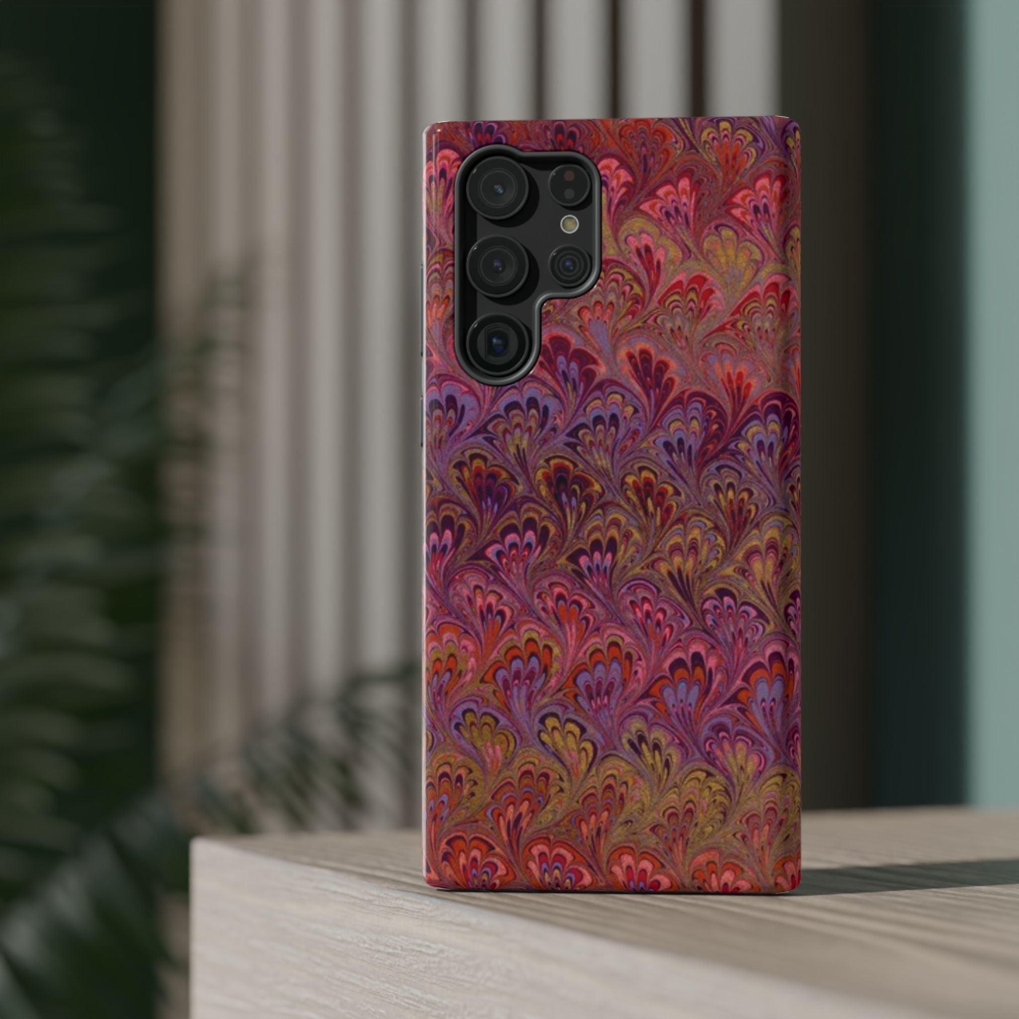 Red, Burgundy, Lavender Italian Peacock Feather Design Phone Case