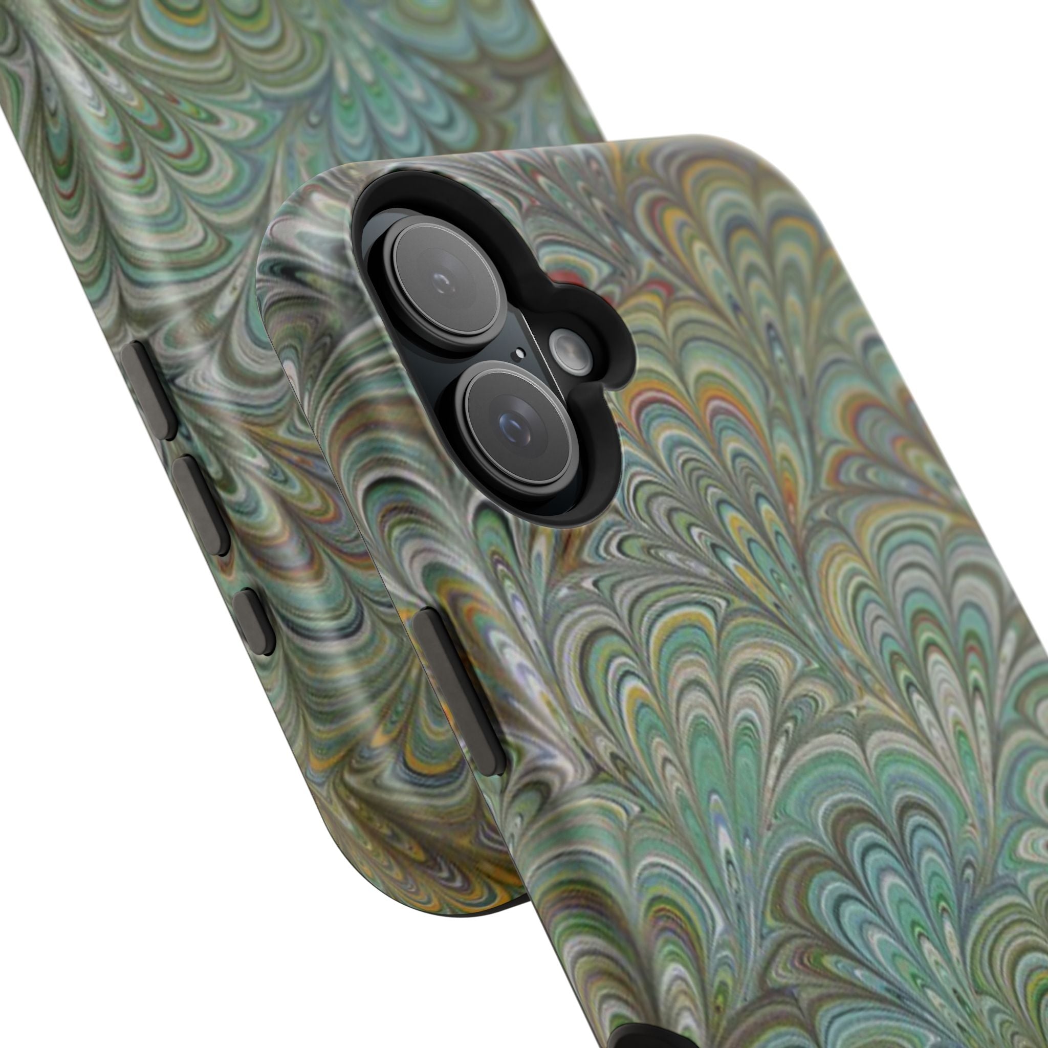 iPhone17 + All Models Phone Cases, Italian Peacock Feather Design, Stylish Impact-Resistant Shell, Protective Cover, Green Peacock Print
