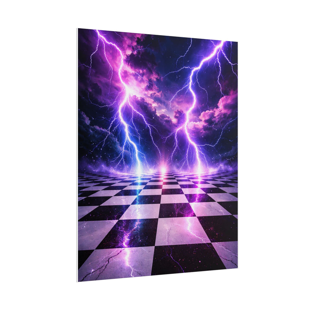 Rolled Poster — Neon Lightning Chessboard Wall Art (Purple Electric Vaporwave)