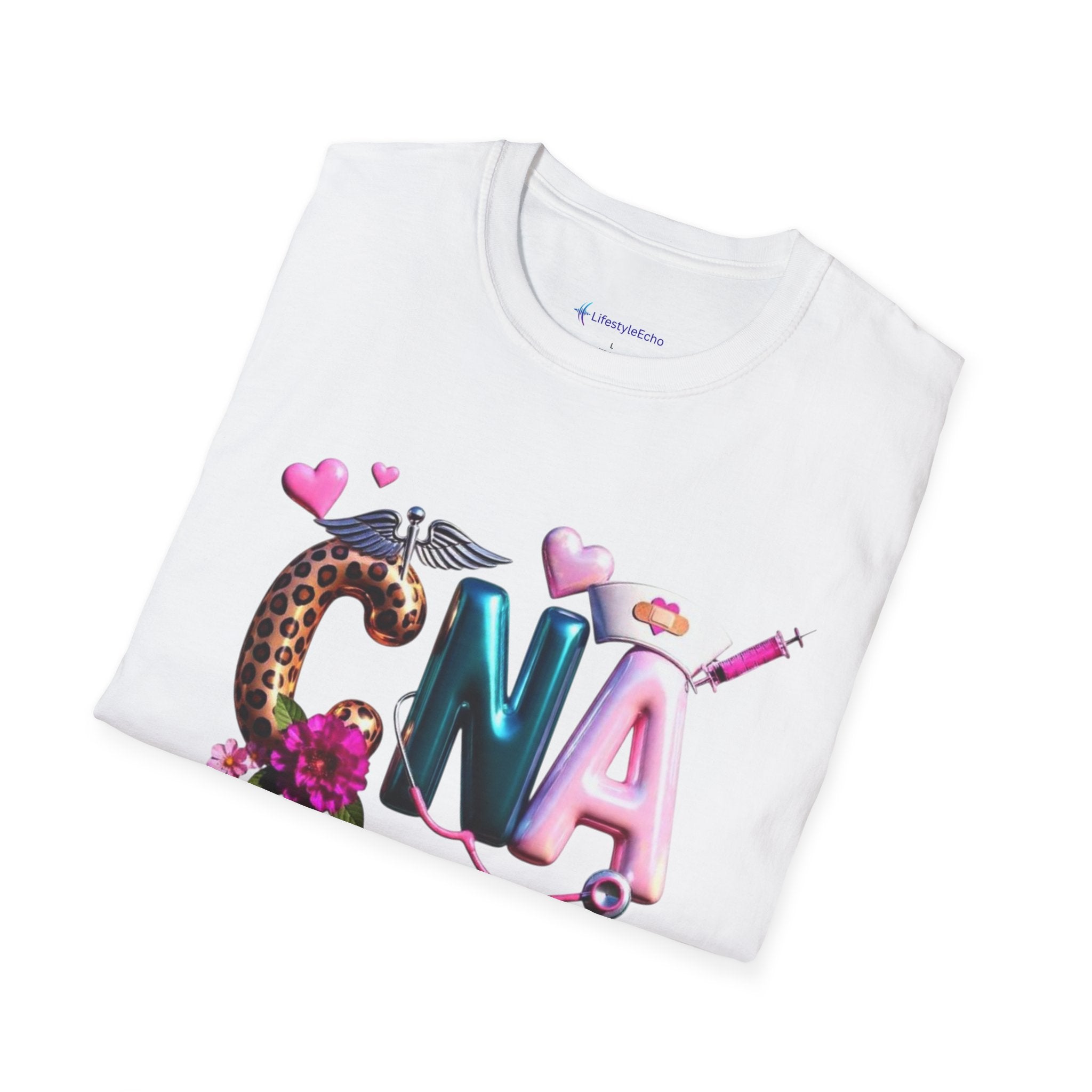 CNA Balloon Letters T-Shirt — Cute Floral & Stethoscope Nurse Gift