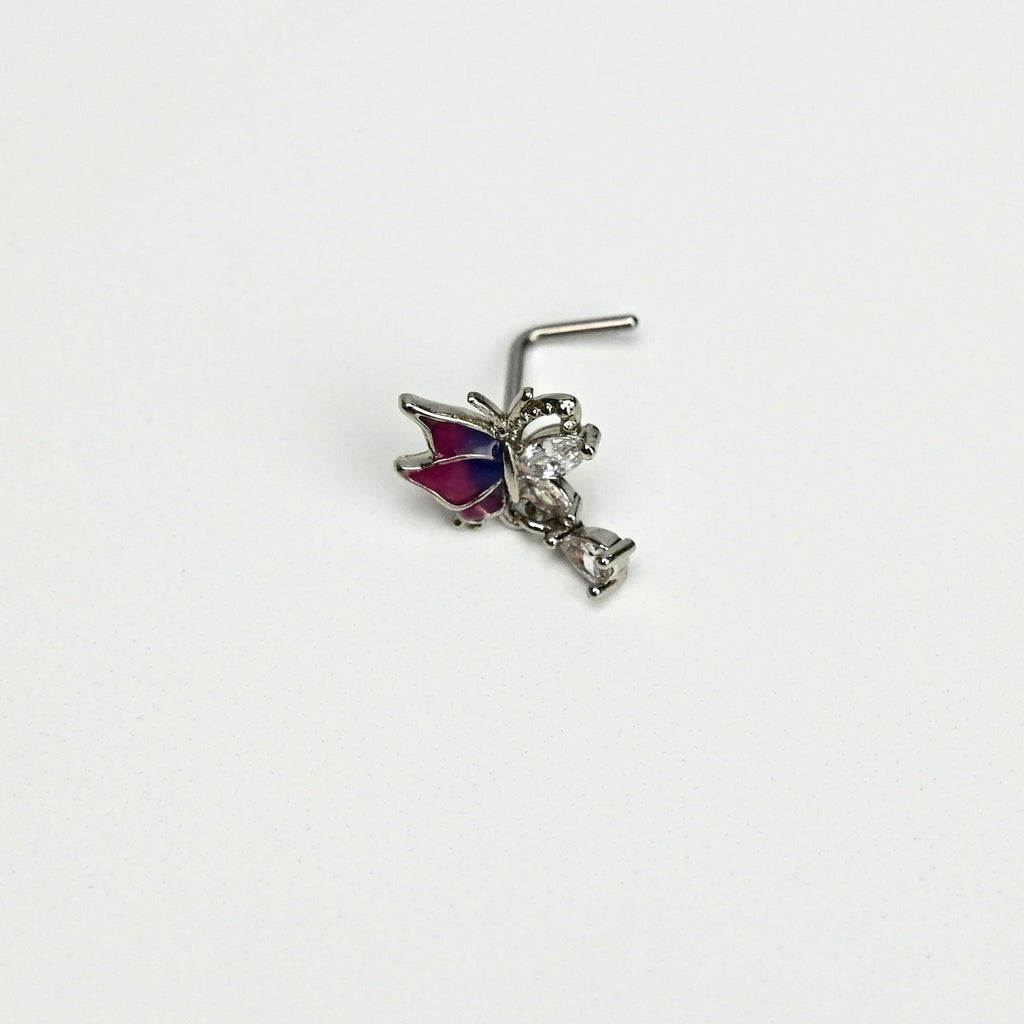 20G 7mm Clear Gem Purples Dazzling Butterfly L Shape Nose Ring