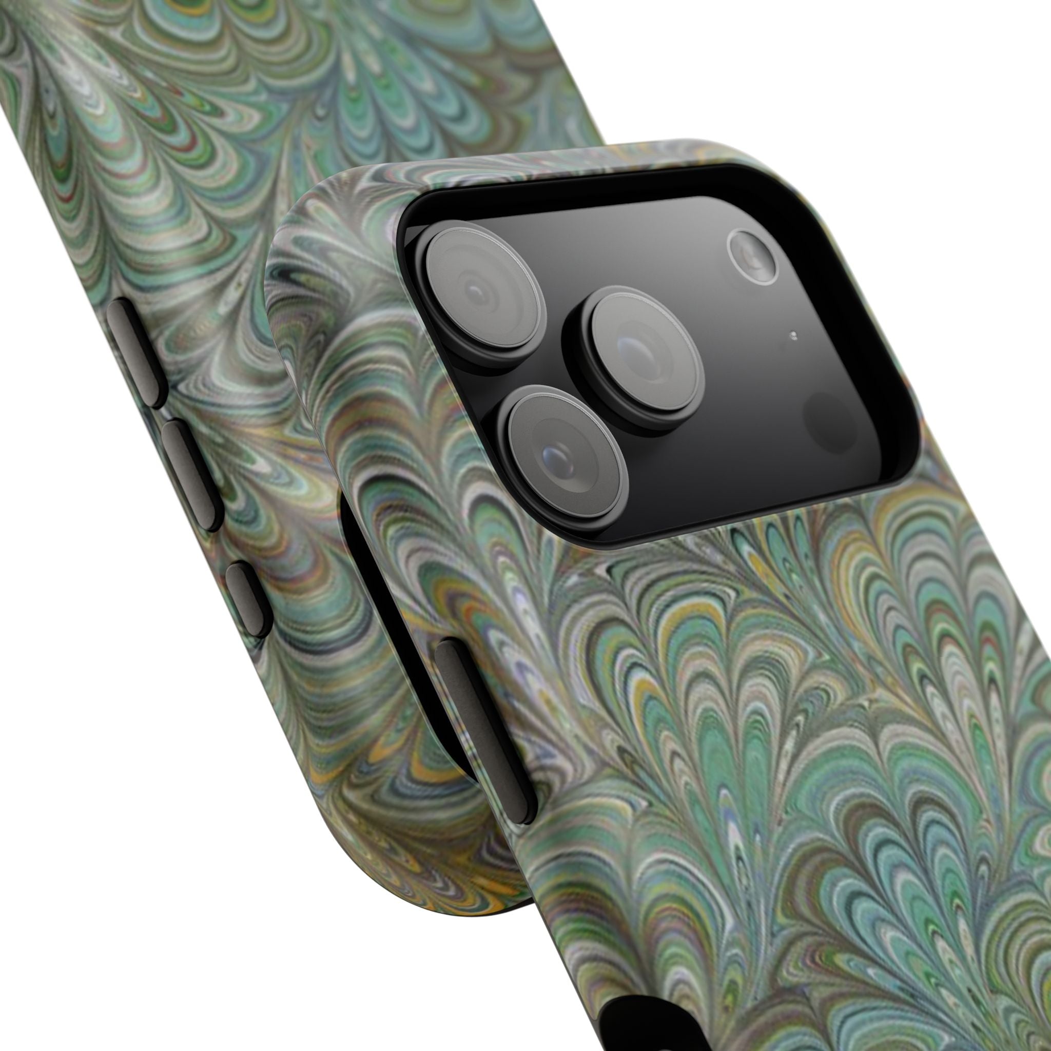 iPhone17 + All Models Phone Cases, Italian Peacock Feather Design, Stylish Impact-Resistant Shell, Protective Cover, Green Peacock Print