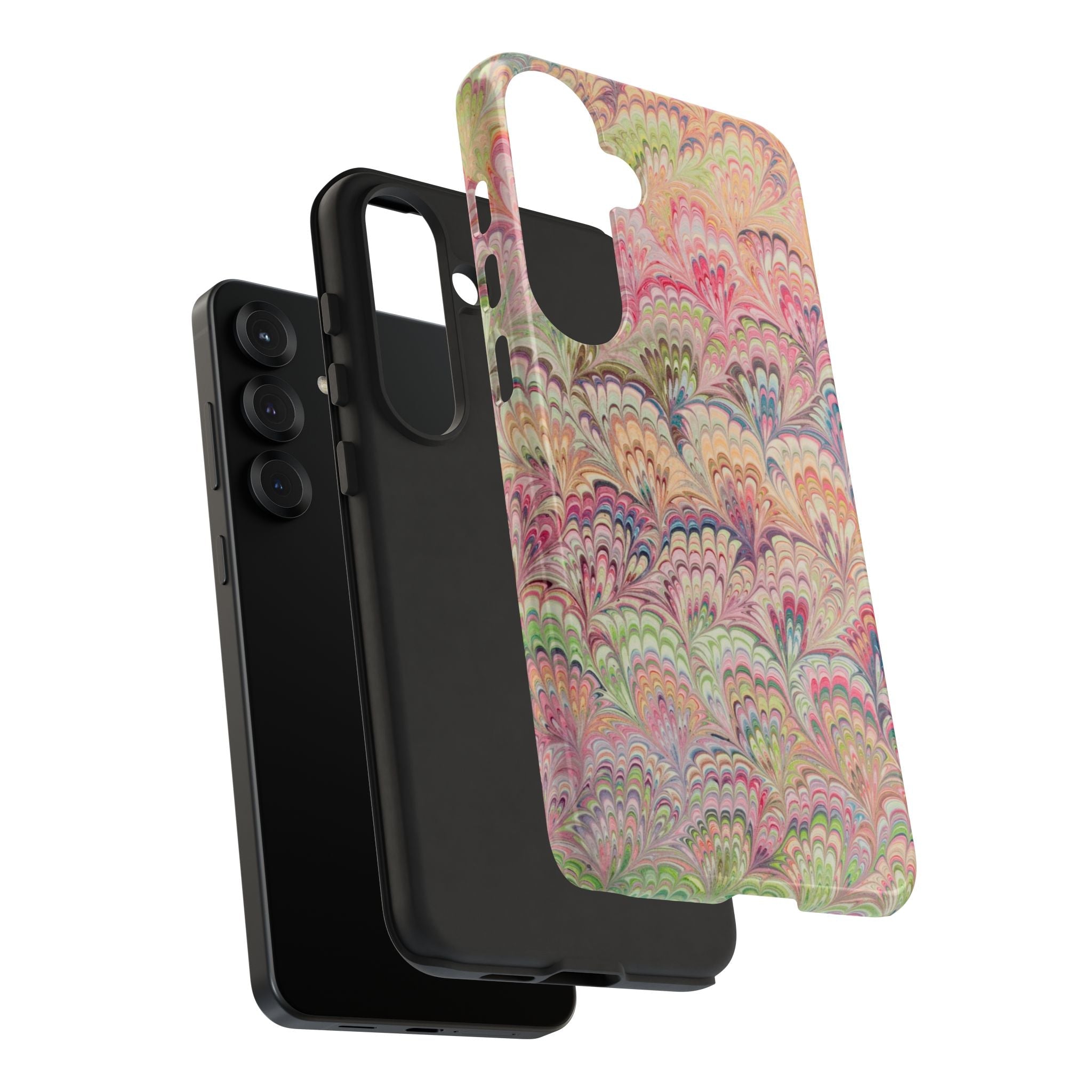 Pastel Pink + Green Feather Marbled Phone Case - Dual Layer Phone Cover