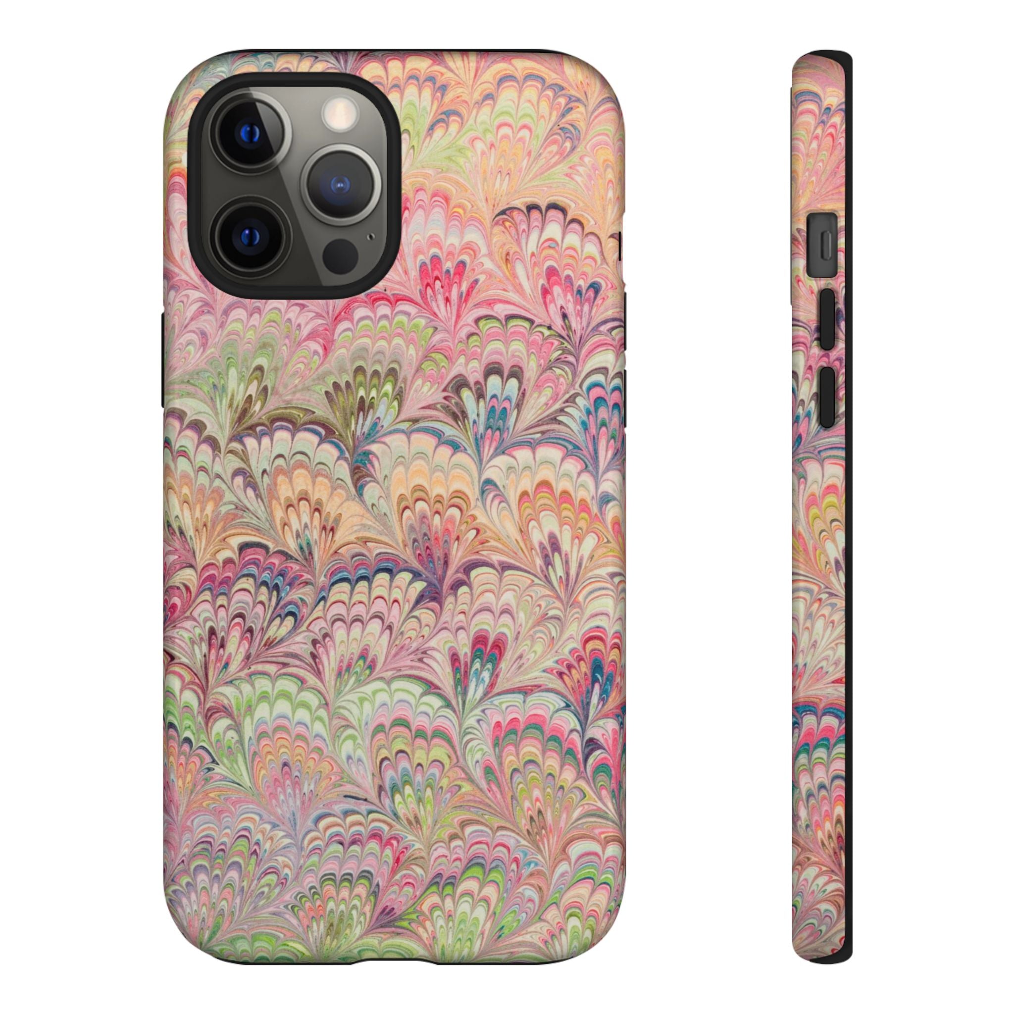Pastel Pink + Green Feather Marbled Phone Case - Dual Layer Phone Cover