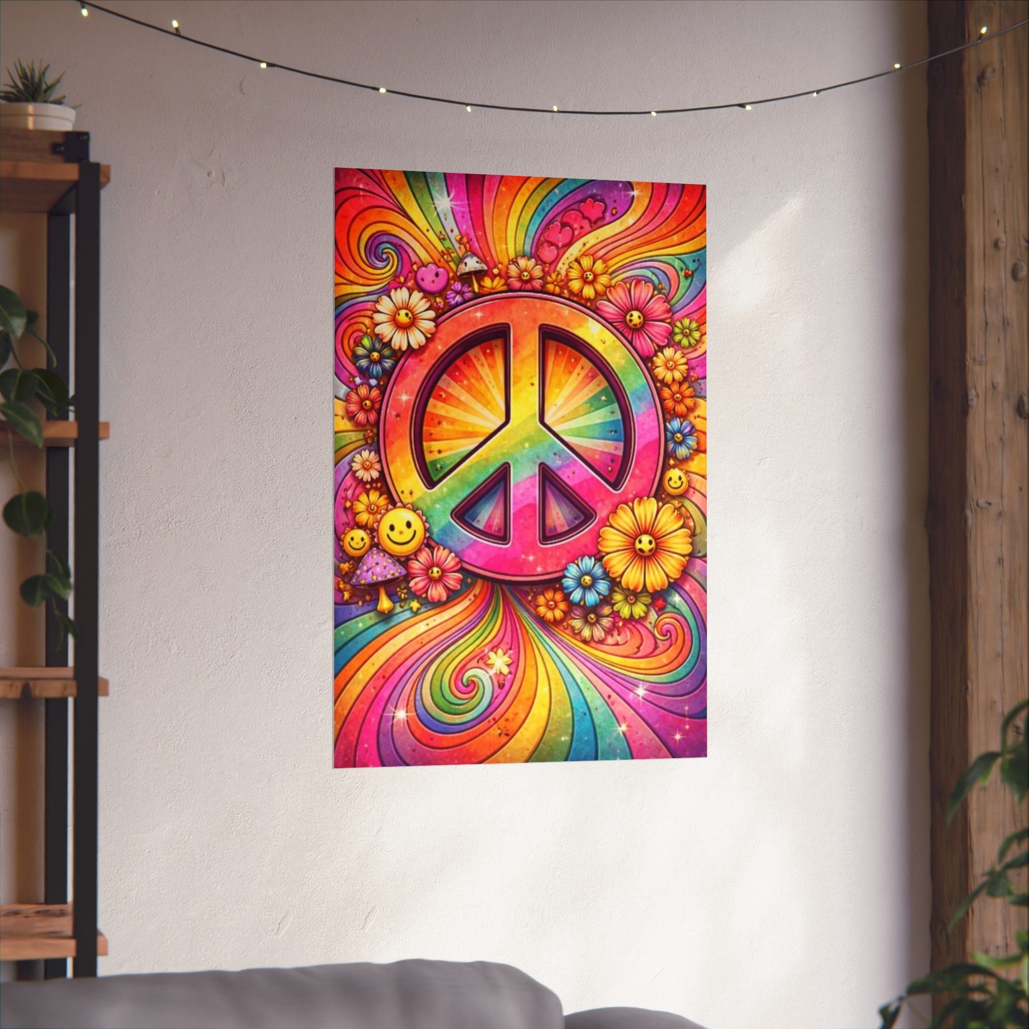 Rainbow Peace Sign Poster — Retro Hippie Matte Vertical Wall Art