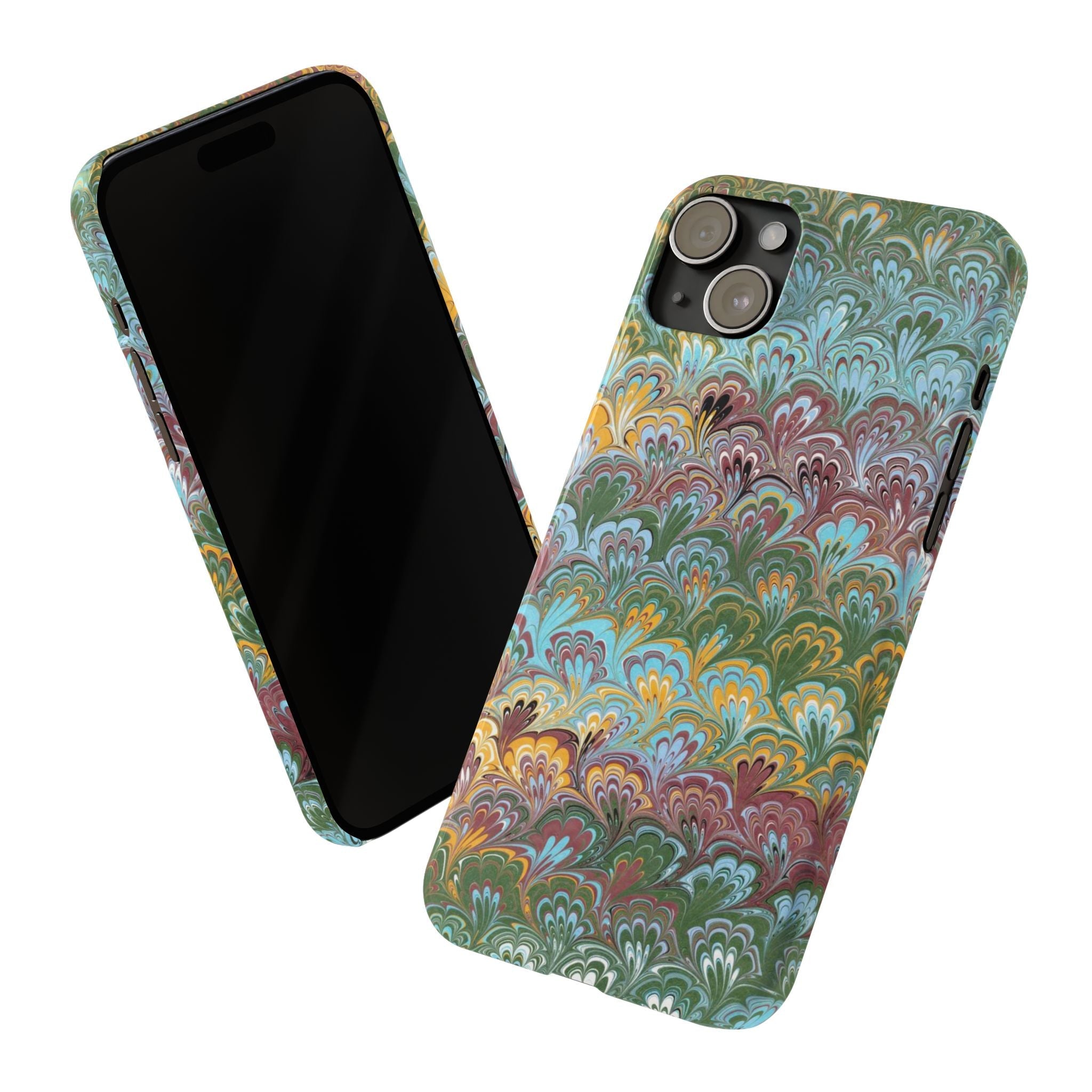 Phone Case with Design from Italy - Marbled "Peacock" Design, Green, Blue, Multi-Color Slim Phone Cases