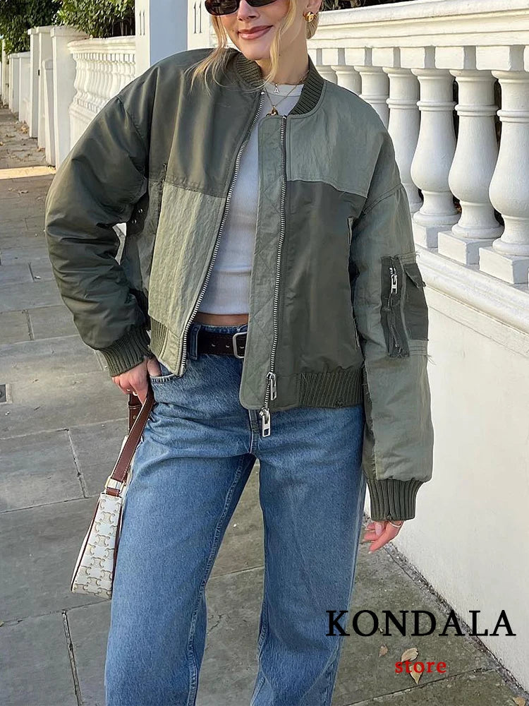 Streetwear Bomber Jackets Women Patchwork Zipper Pockets