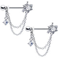 14G 9/16 Clear CZ Gem Spiderweb Chain Dangle Nipple Ring Set