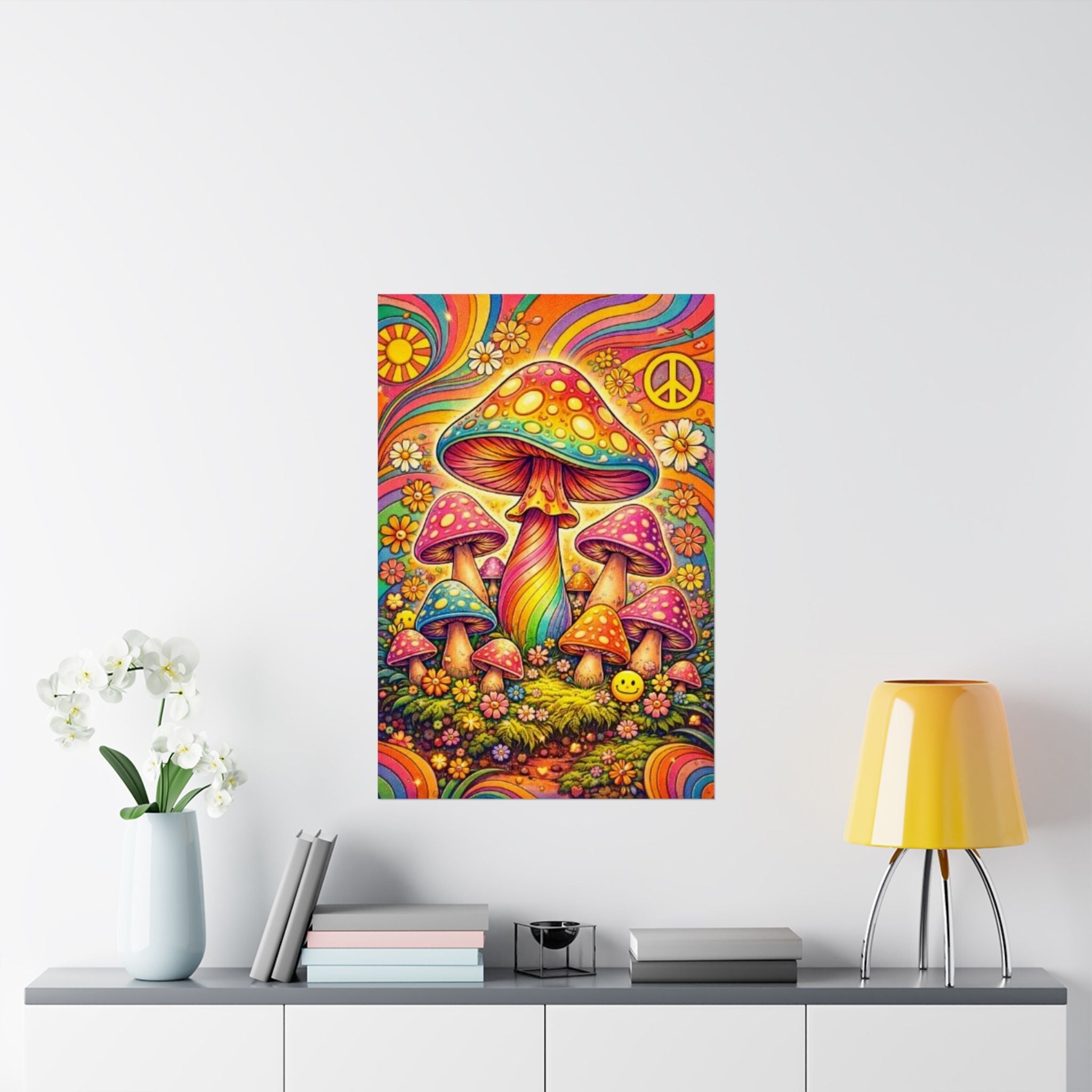 Psychedelic Mushroom Art Poster — Retro Rainbow Peace Wall Print