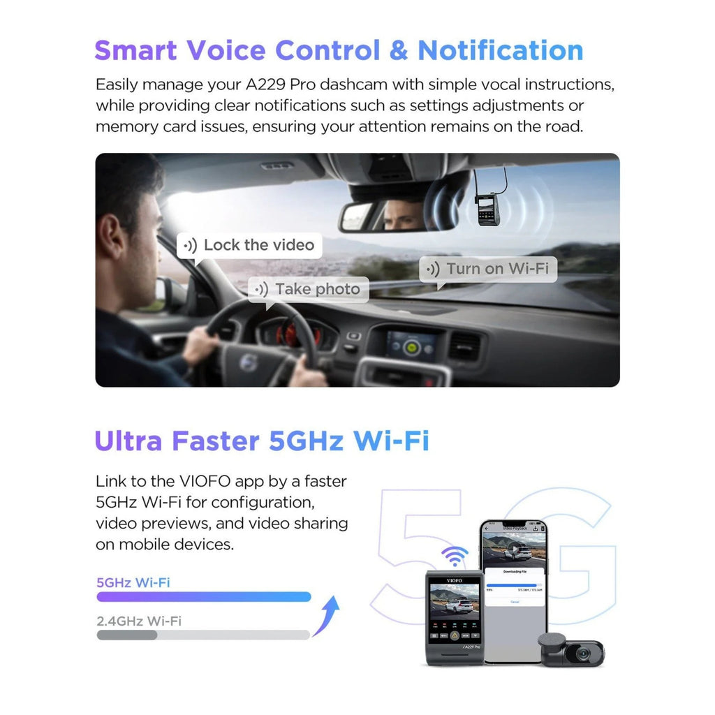 VIOFO A229 Pro 2-Channel 4K HDR Sony STARVIS 2 Front and Rear Dash Cam