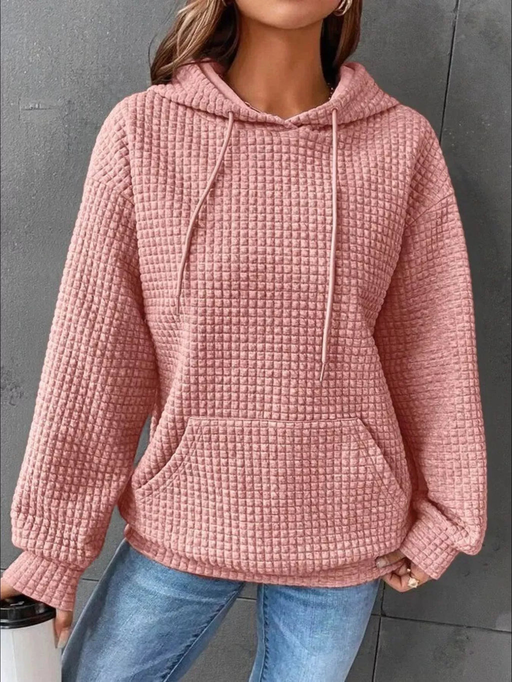 Full Size Textured Kangaroo Pocket Hoodie Plus Size