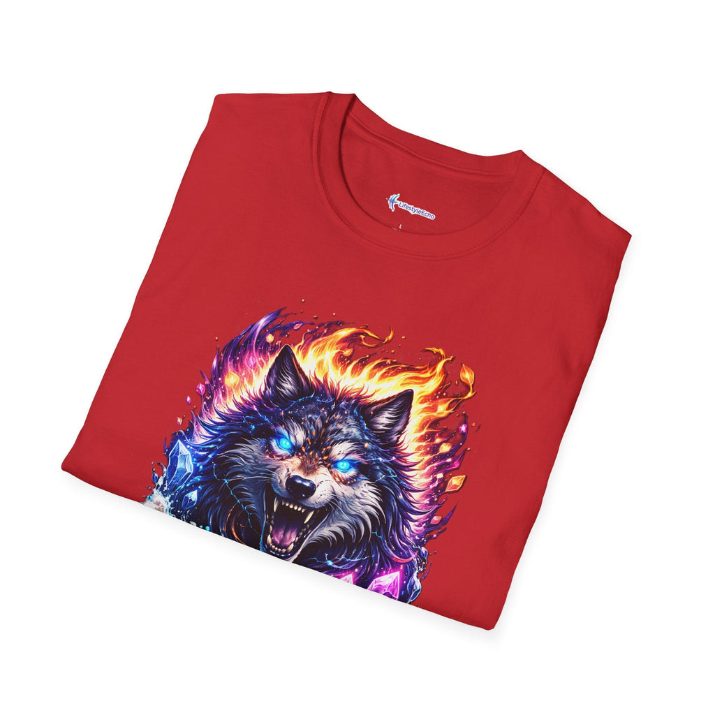 Cosmic Fire Wolf T-Shirt — Vibrant Mystic Wolf Graphic Tee