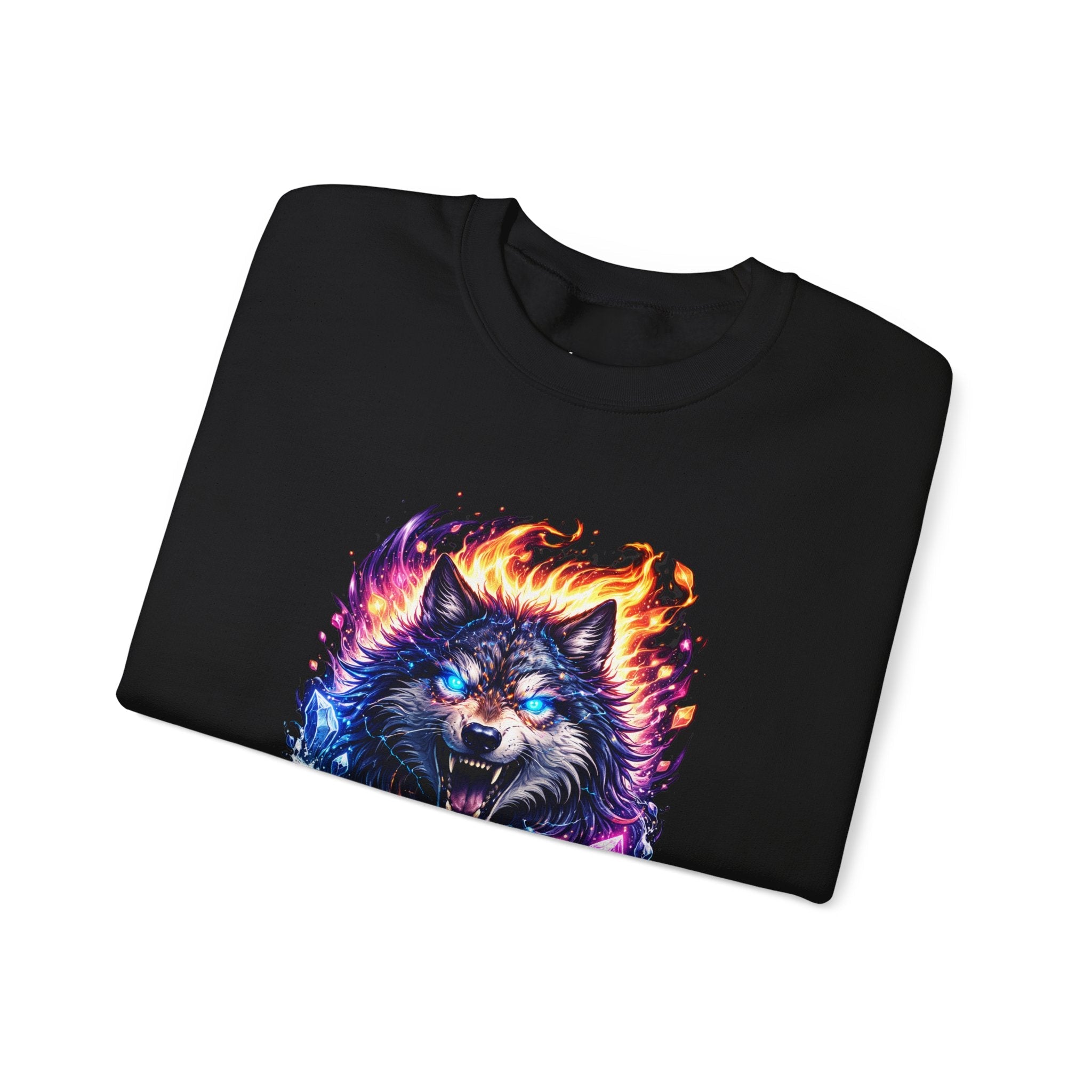 Cosmic Wolf Crewneck Sweatshirt — Neon Fire & Ice Wolf Graphic
