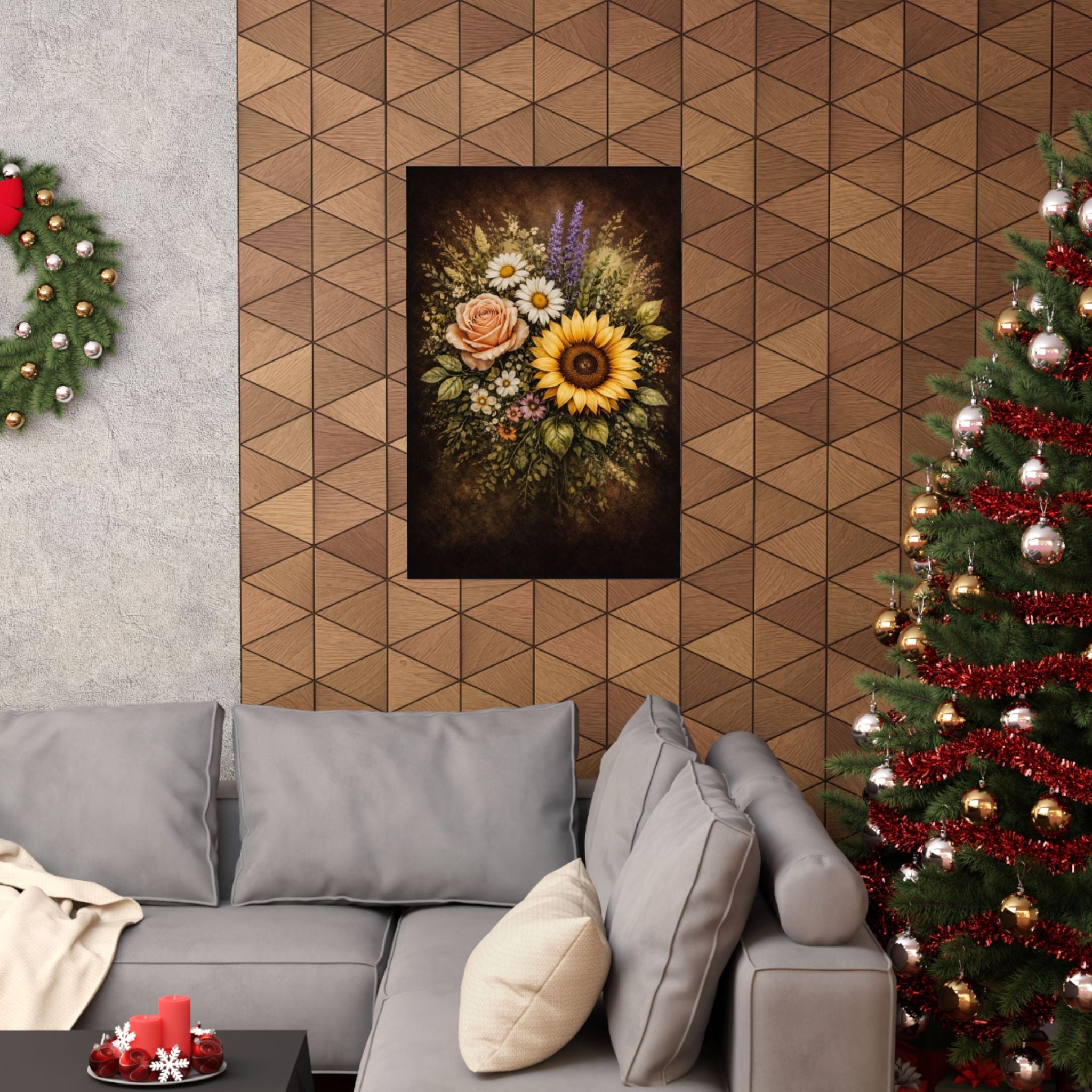 Sunflower & Roses Bouquet Poster — Matte Vertical Floral Wall Art