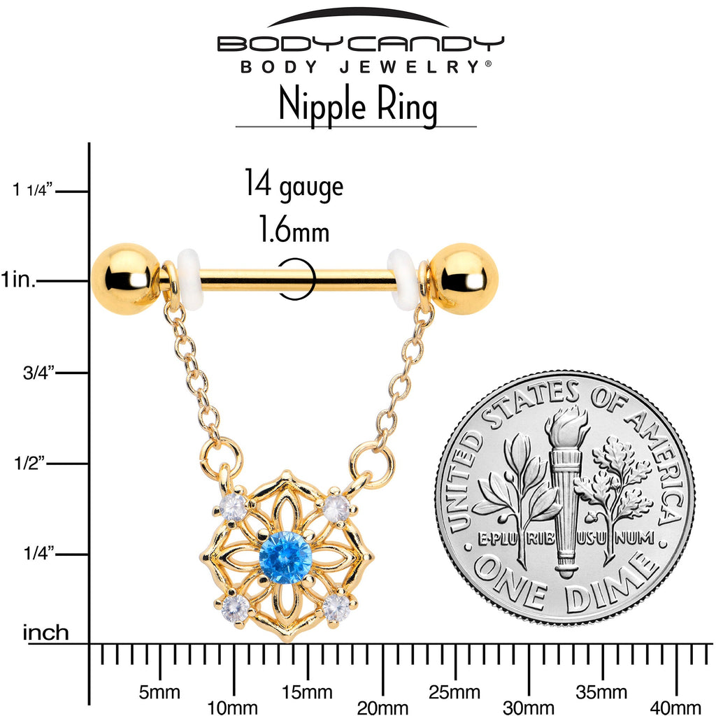14G 9/16 Blue CZ Gem Gold Tone Flower Ring Dangle Nipple Ring Set
