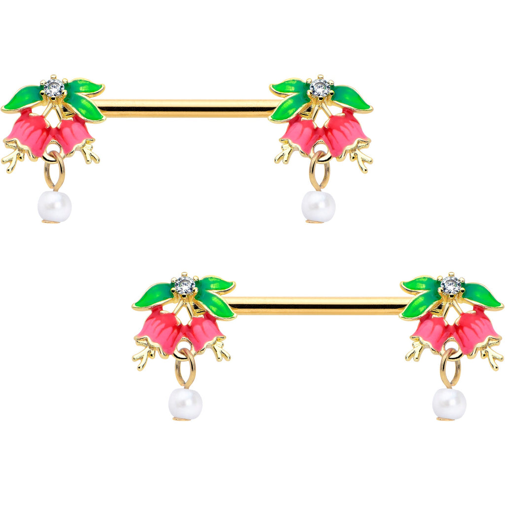 14G 9/16 Clear CZ Gem Gold Hue Bell Flower Barbell Nipple Ring Set