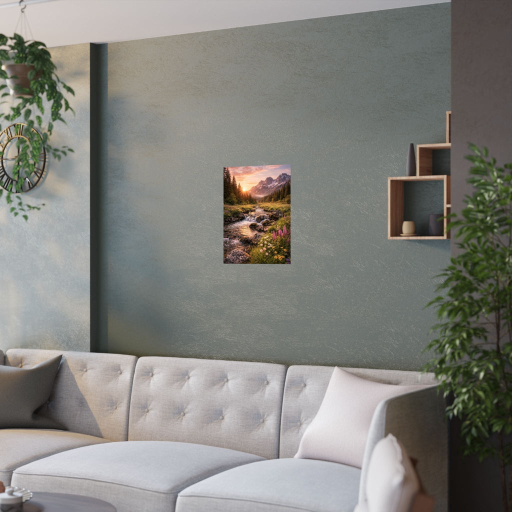 Satin Poster – Golden Mountain Stream Landscape Sunset Print