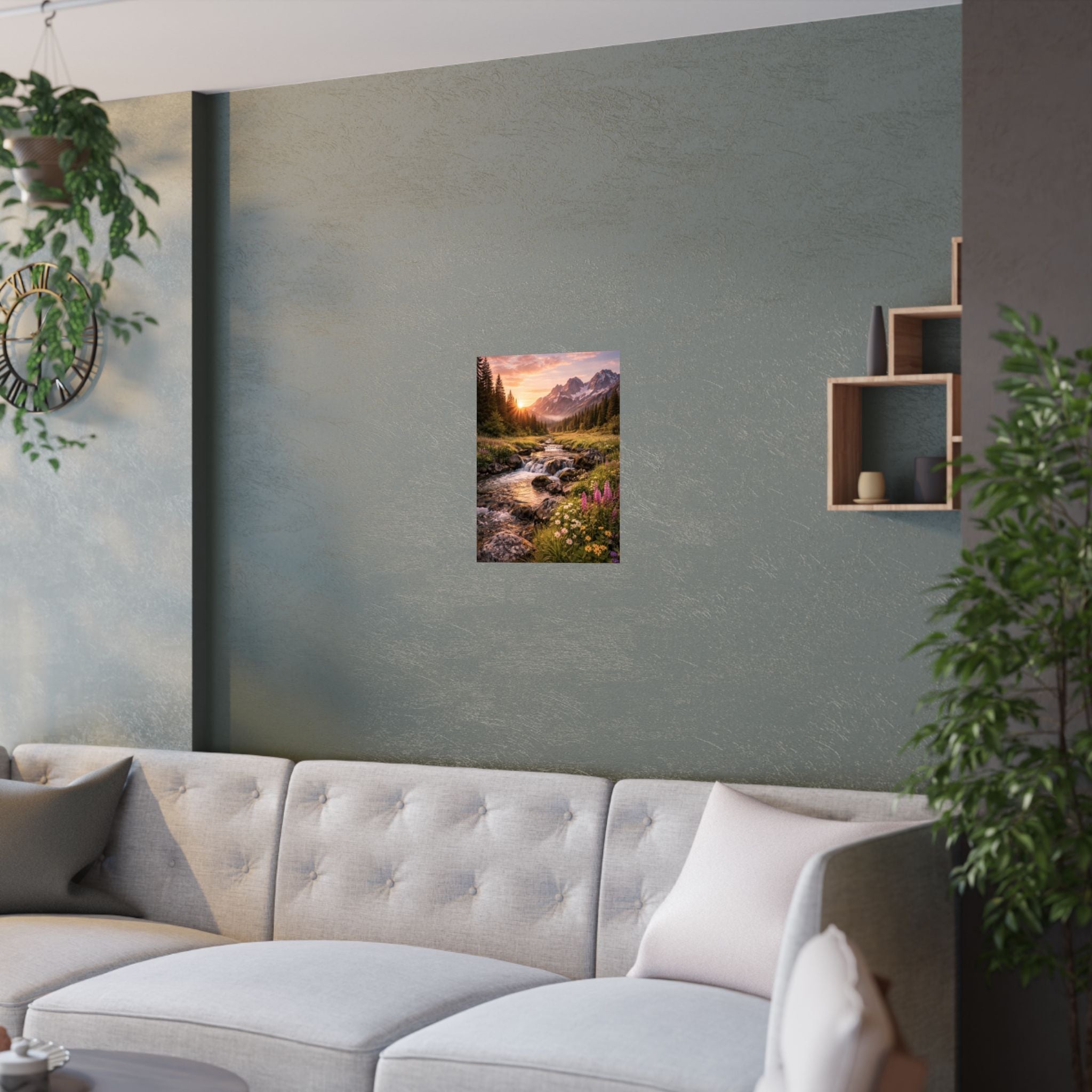 Satin Poster – Golden Mountain Stream Landscape Sunset Print