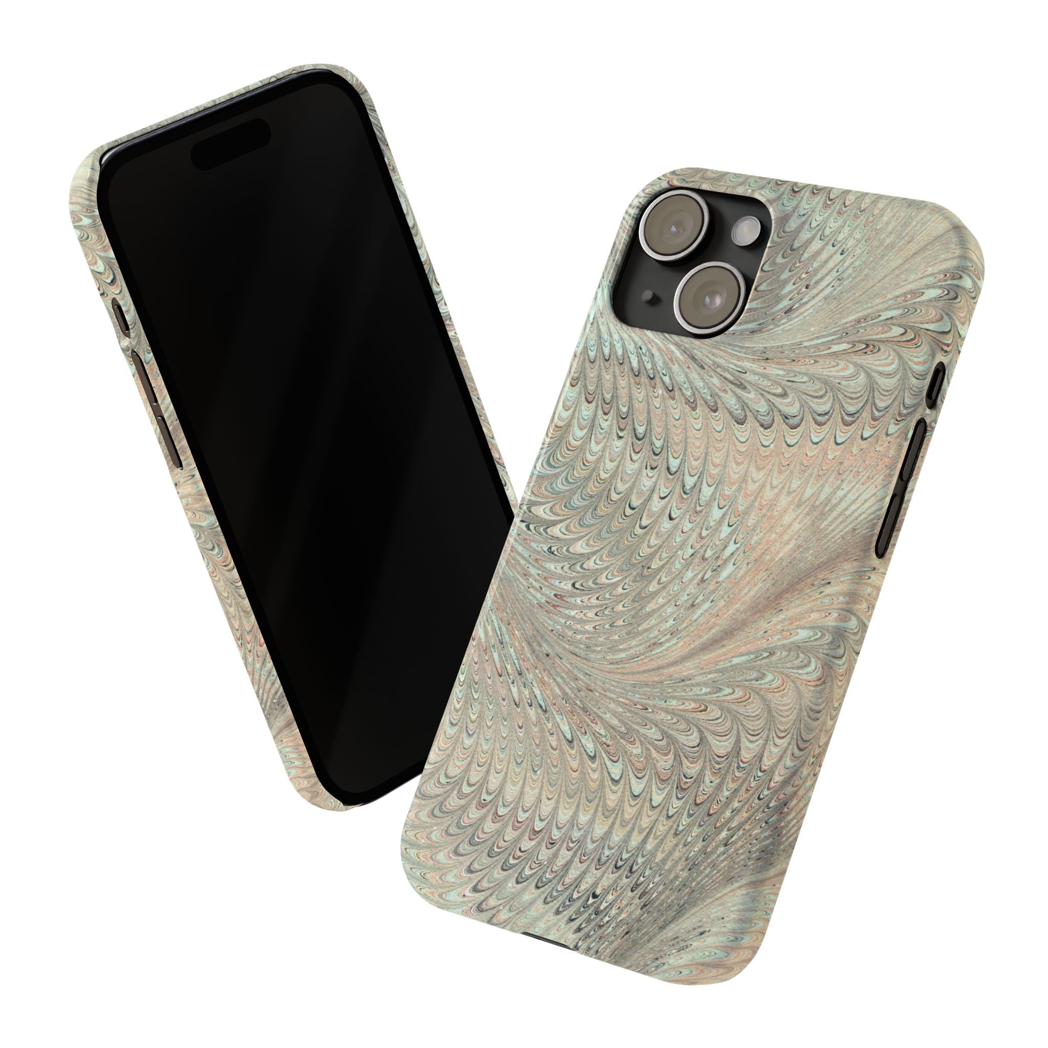 Marbled Vintage Design, Italian Feather Phone Case, Green Hues, Mint, Beige, Neutrals