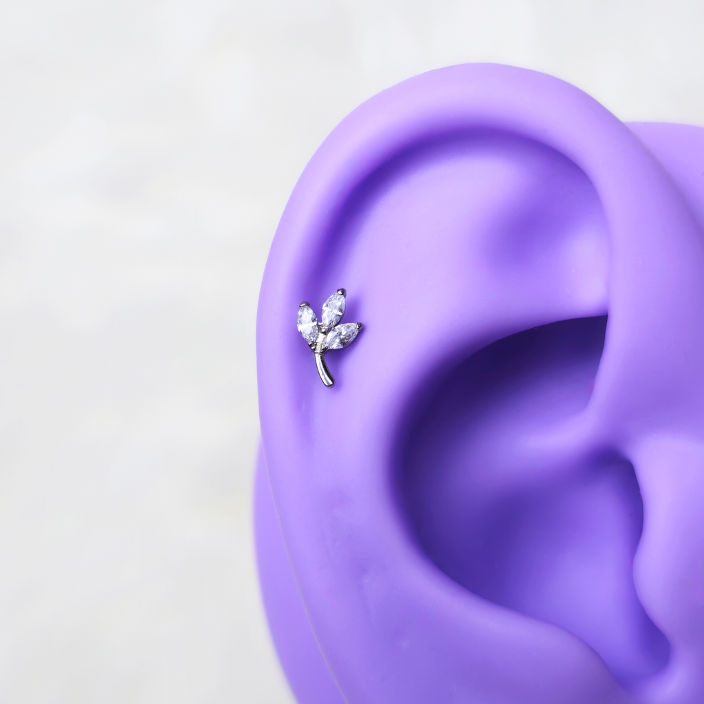 16G 1/4 CZ Gem Leaves Medical Grade Titanium Reversible Flat Back Earring