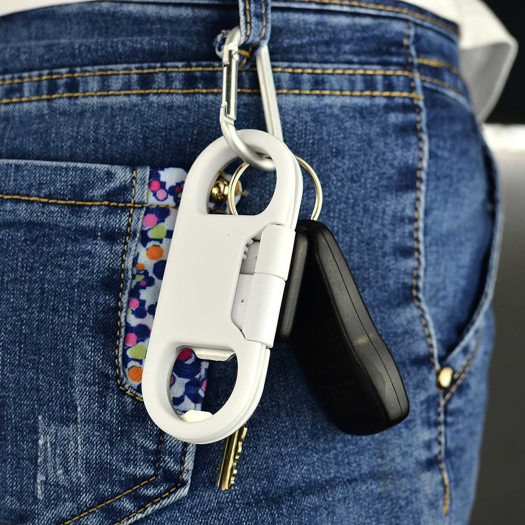 USB-C Keychain Charging Cable — Fast Charge Carabiner Bottle Opener for Samsung Galaxy & Pixel, White