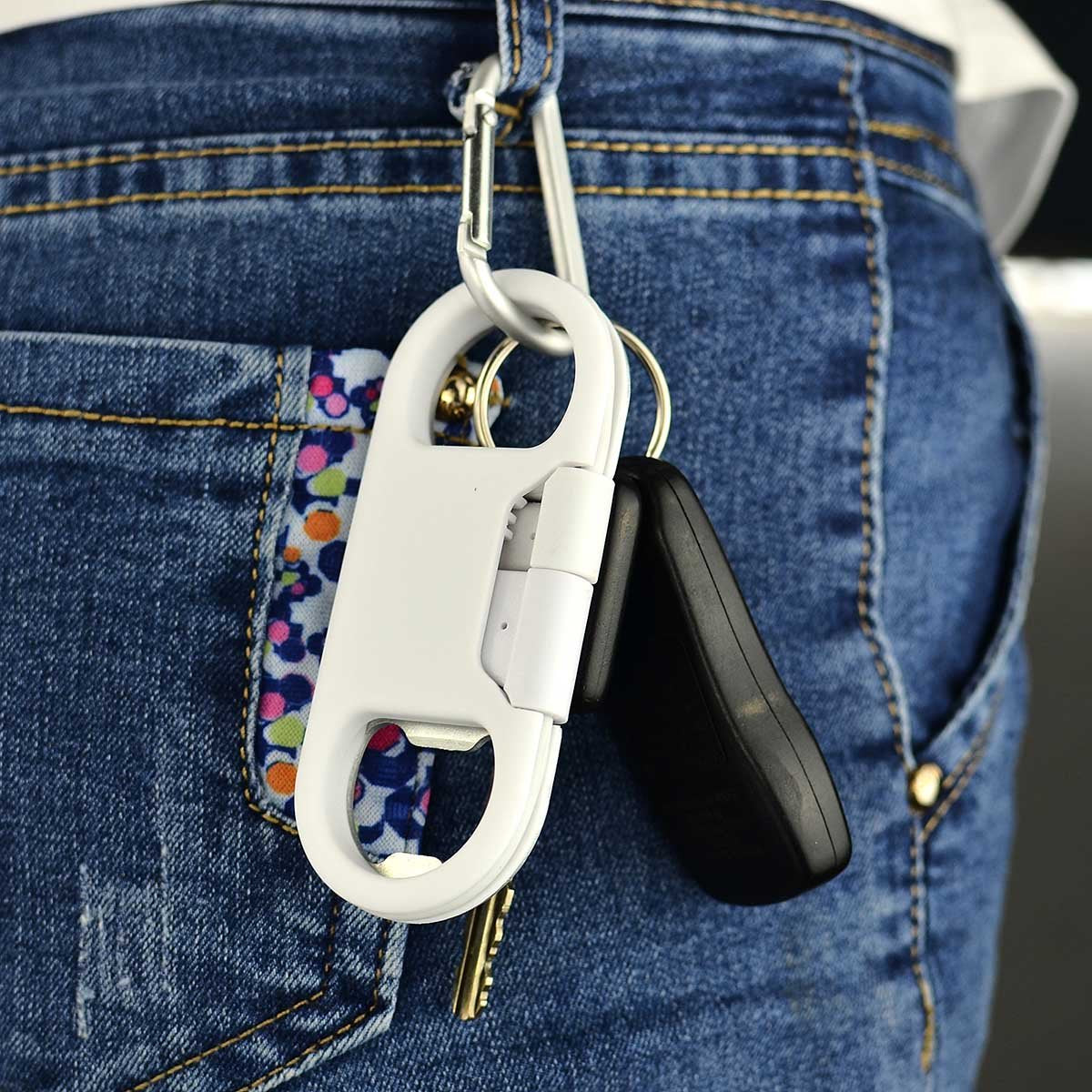 USB-C Keychain Charging Cable — Fast Charge Carabiner Bottle Opener for Samsung Galaxy & Pixel, White