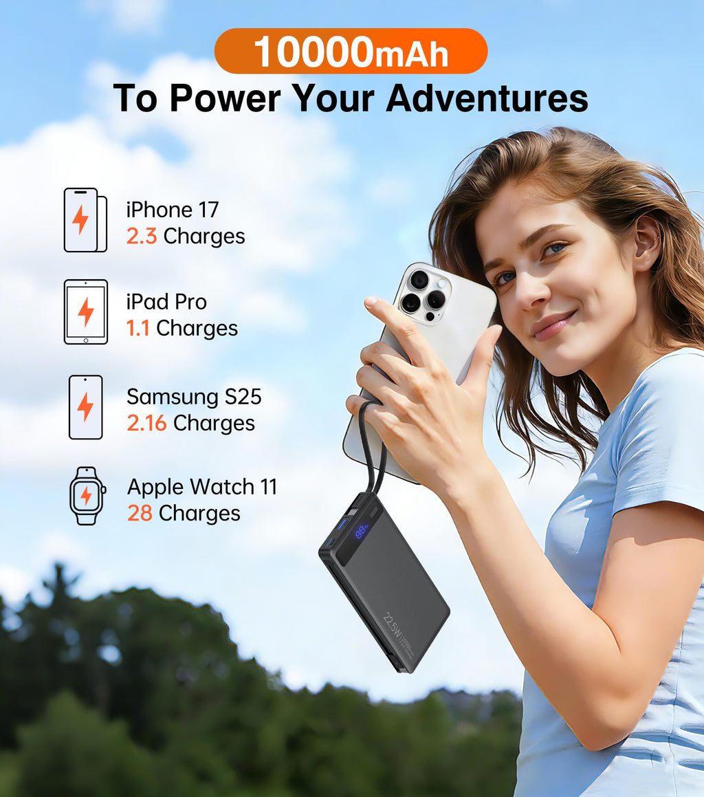 10000mAh Slim Power Bank w/ Built-In Cables – 22.5W PD Fast Charger for iPhone & Samsung