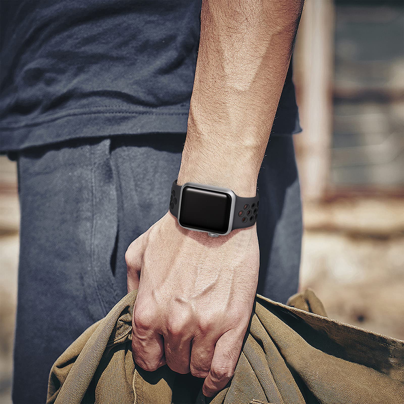 Apple Watch Silicone Sport Band Black — Soft Breathable Strap for Series 3-11, SE & Ultra 38mm-49mm