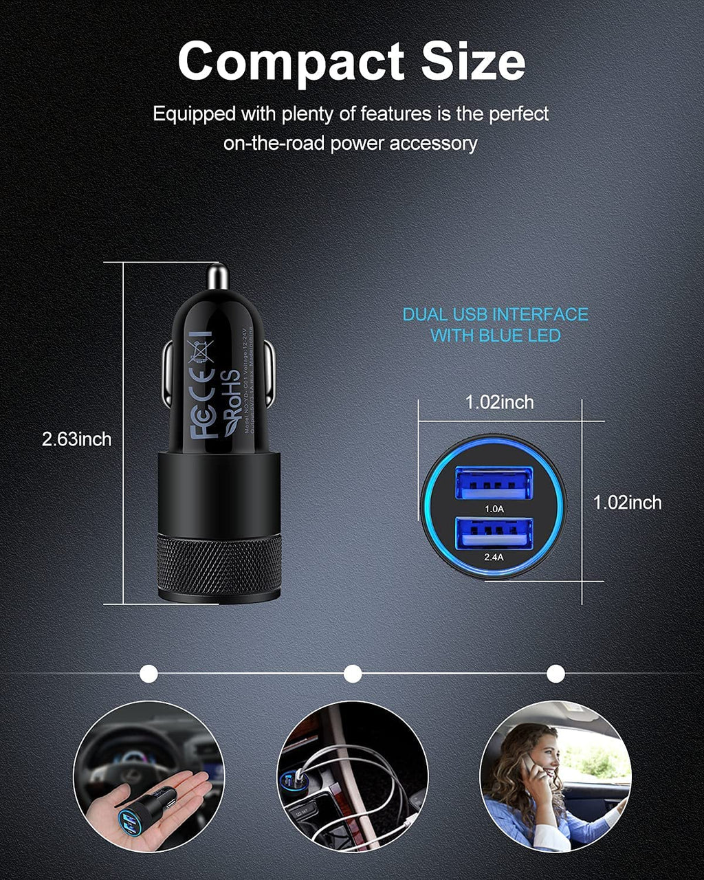 Dual Port USB Car Charger 2 Pack — 3.4A Fast Charge for iPhone 17/16/15/14, Samsung Galaxy S25/S23 & iPad