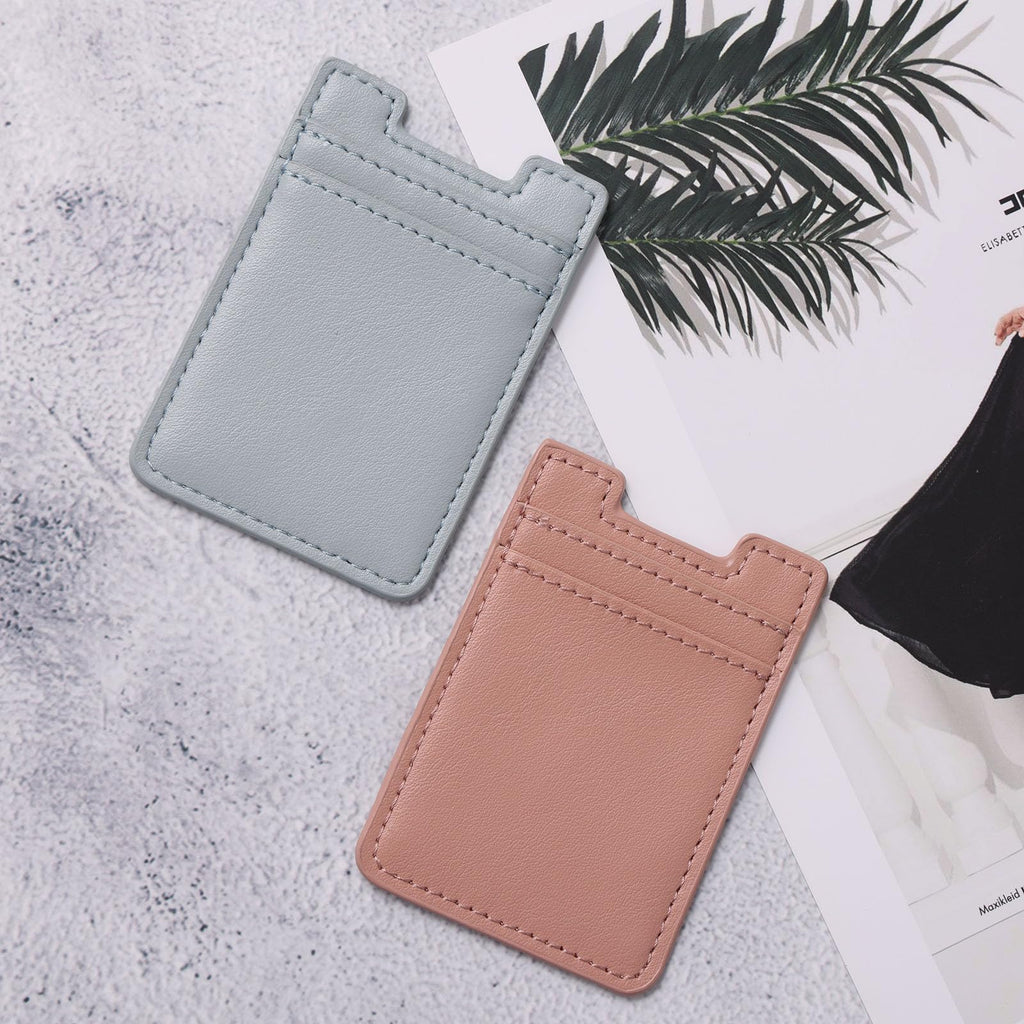 Phone Card Wallet 2 Pack — Stick-On Leather Credit Card Holder Pocket for Back of Phone, Universal iPhone & Android (Pink, Blue)