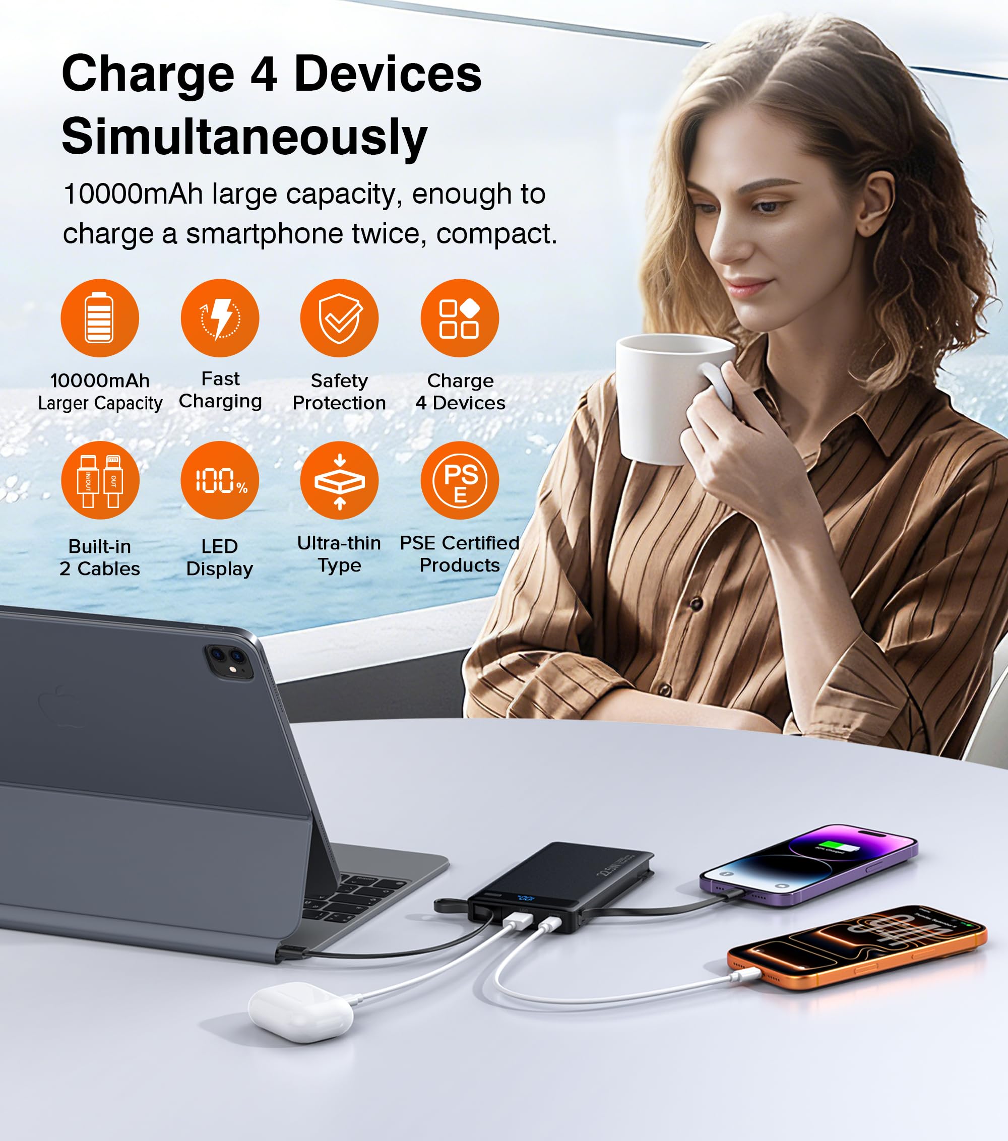 10000mAh Slim Power Bank w/ Built-In Cables – 22.5W PD Fast Charger for iPhone & Samsung