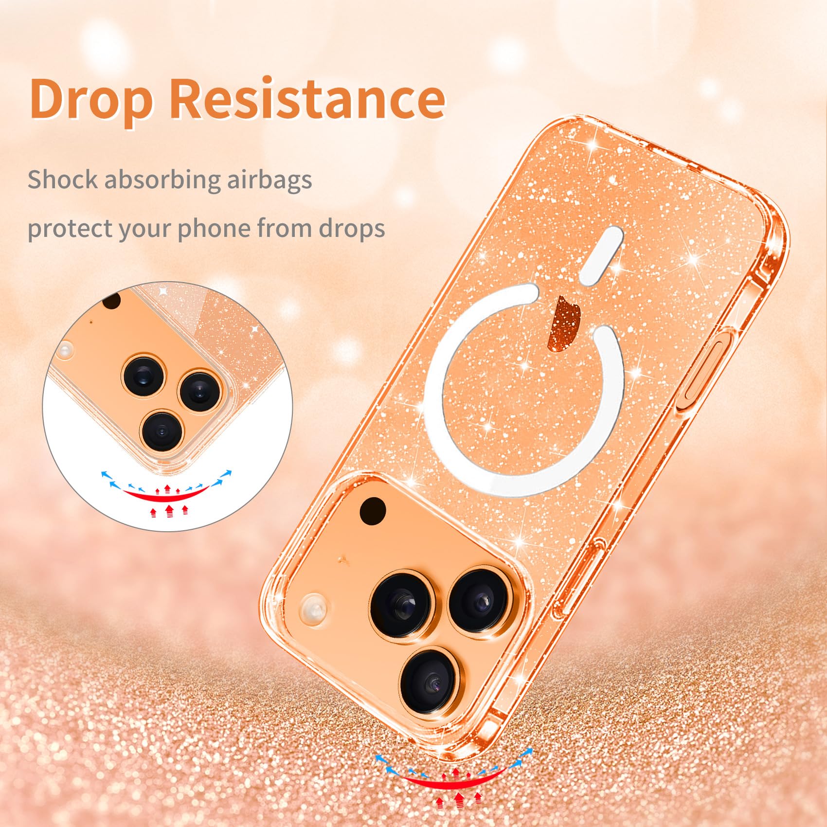 Glitter Magnetic Case for iPhone 17 Pro – Slim Shockproof Clear Back Cover, MagSafe & Wireless Charging Compatible, Anti-Scratch Protective Phone Case for Women