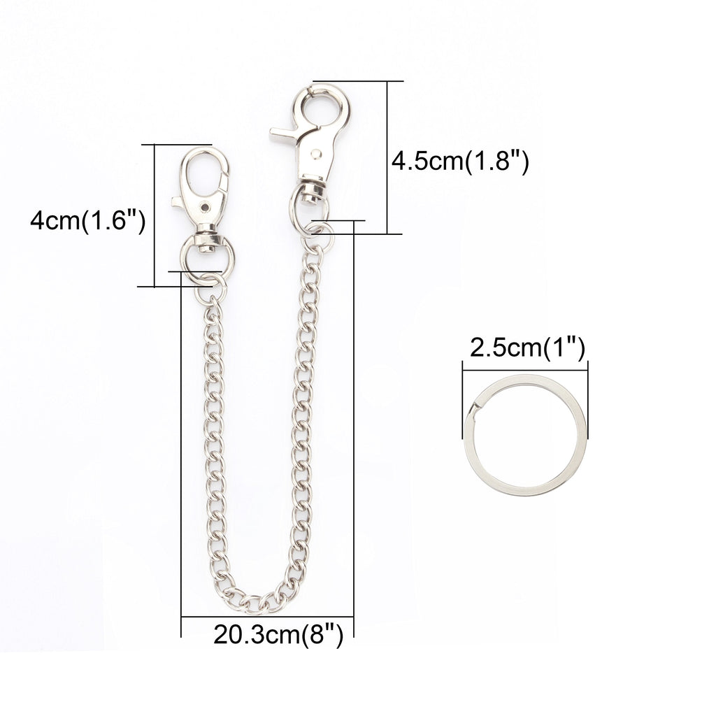 Wallet Chain 2 Pack 8" — Heavy Duty Pocket Keychain Lobster Clasp & Key Rings for Jeans & Belt, Silver