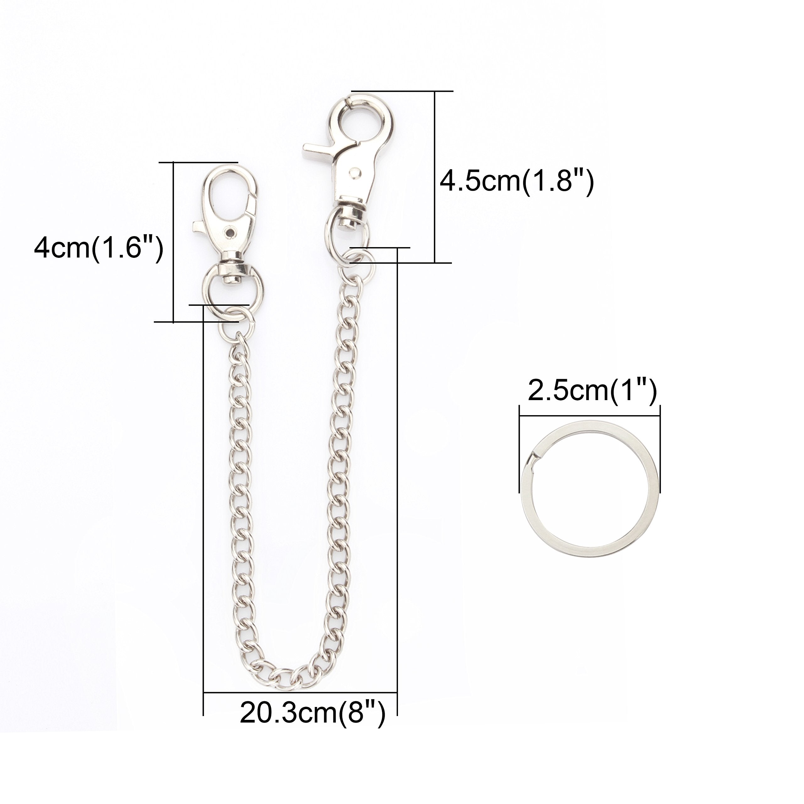 Wallet Chain 2 Pack 8" — Heavy Duty Pocket Keychain Lobster Clasp & Key Rings for Jeans & Belt, Silver