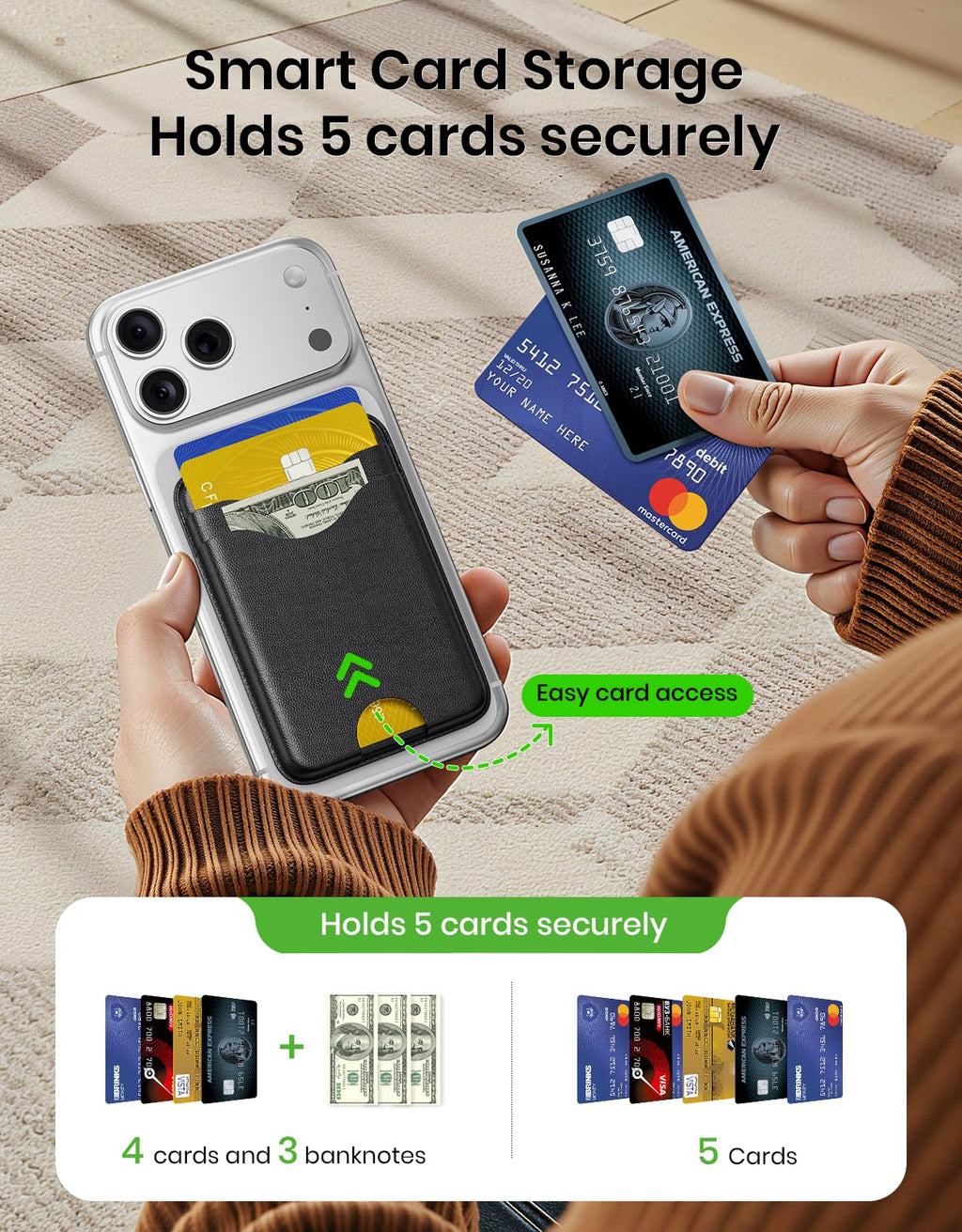 MagSafe Wallet Slim 3-Card — RFID Blocking Vegan Leather with Card Ejection for iPhone 17/16/15/14/13/12, Black