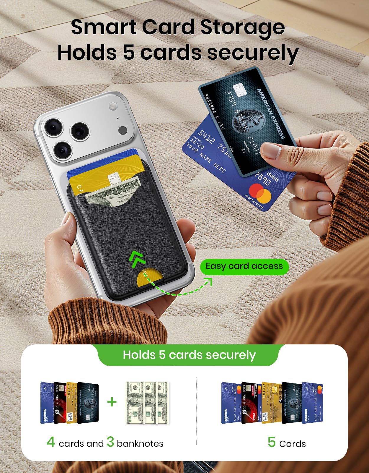 MagSafe Wallet Slim 3-Card — RFID Blocking Vegan Leather with Card Ejection for iPhone 17/16/15/14/13/12, Black