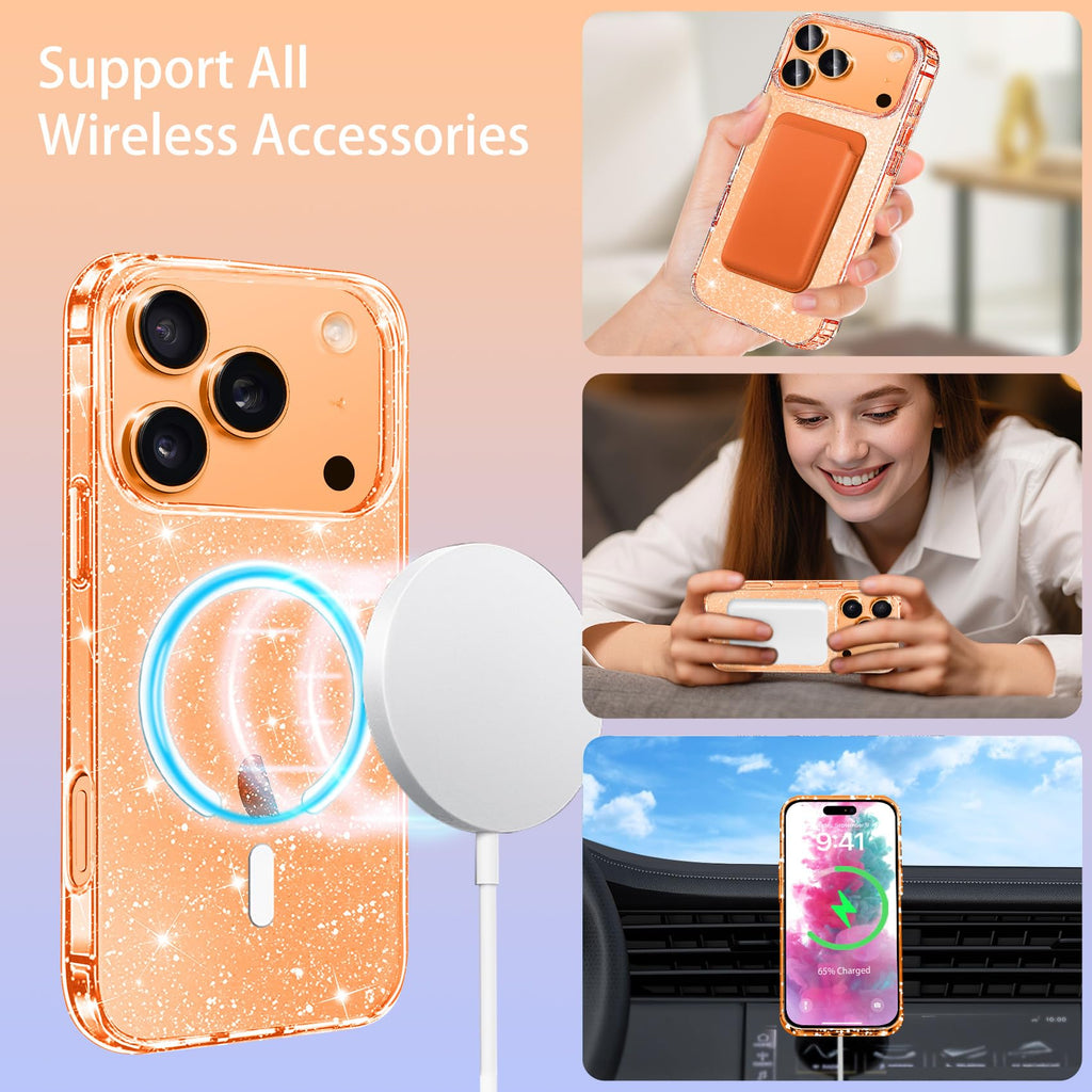 Glitter Magnetic Case for iPhone 17 Pro – Slim Shockproof Clear Back Cover, MagSafe & Wireless Charging Compatible, Anti-Scratch Protective Phone Case for Women