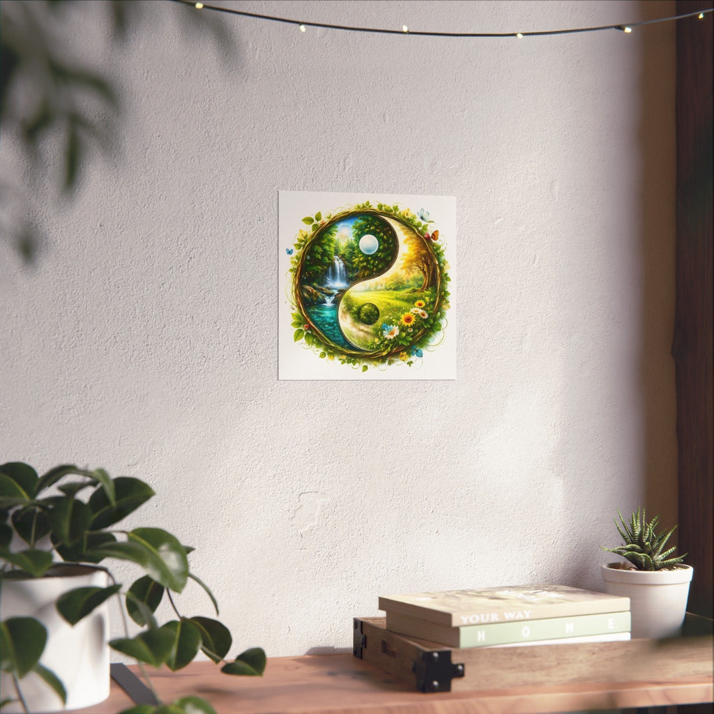 Yin Yang Nature Poster — Scenic Waterfall & Meadow Matte Vertical Print