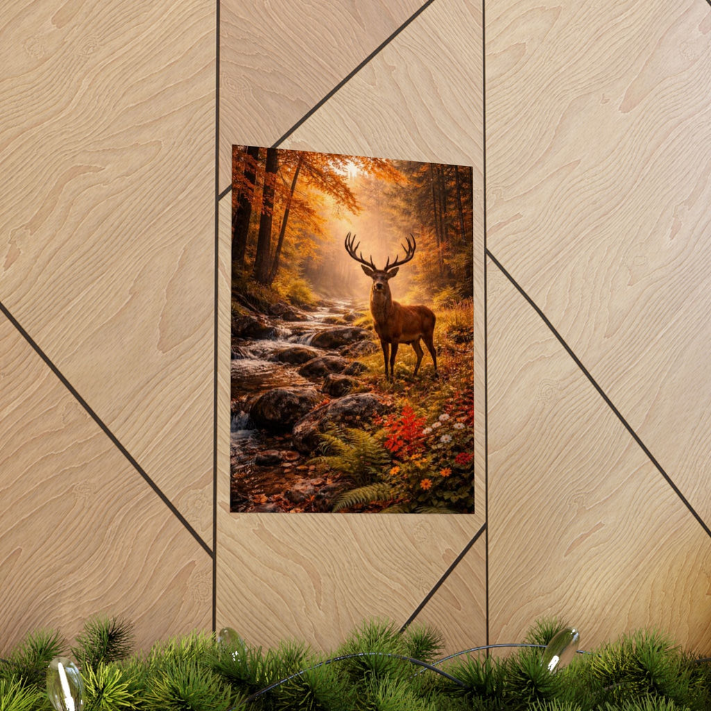 Deer in Autumn Forest Matte Vertical Poster — Rustic Woodland Wall Art