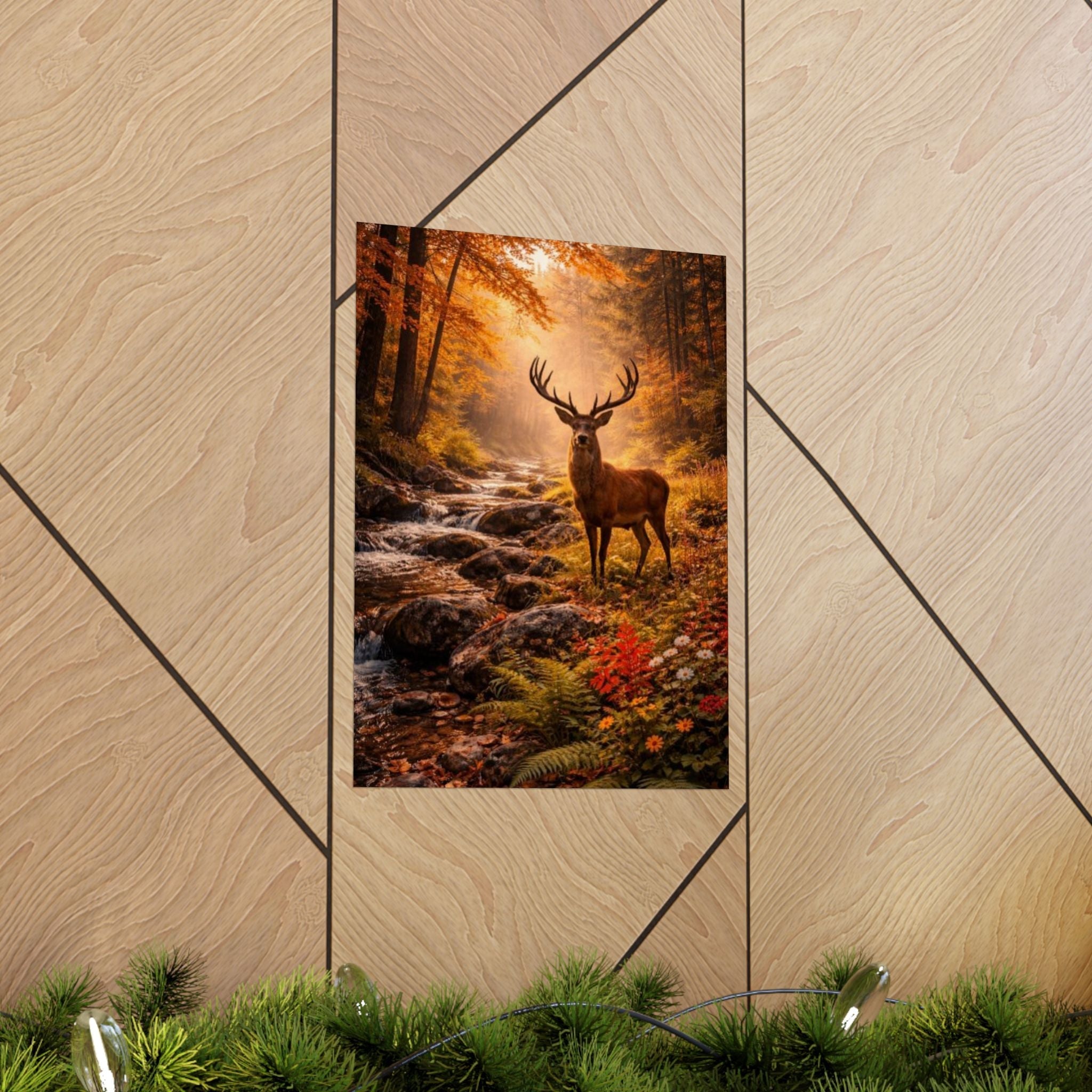 Deer in Autumn Forest Matte Vertical Poster — Rustic Woodland Wall Art