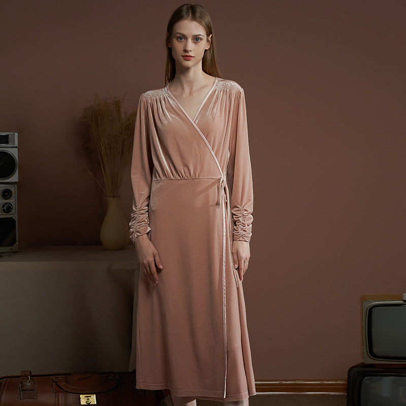 Long Robe Women's Velvet Gorgeous Nightdress V-neck Long Sleeve