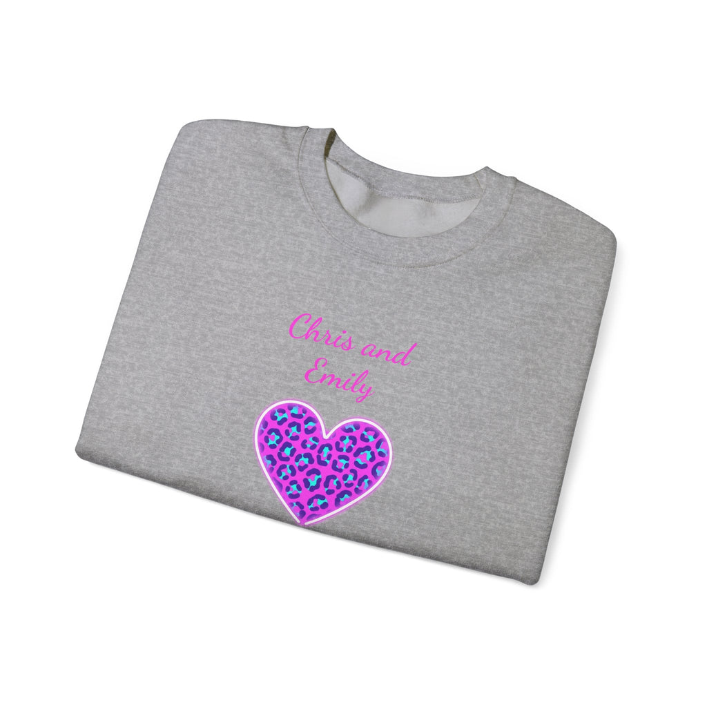 Crewneck Sweatshirt - Personalized Pink & Purple Leopard Heart - Two Customizable Text Boxes